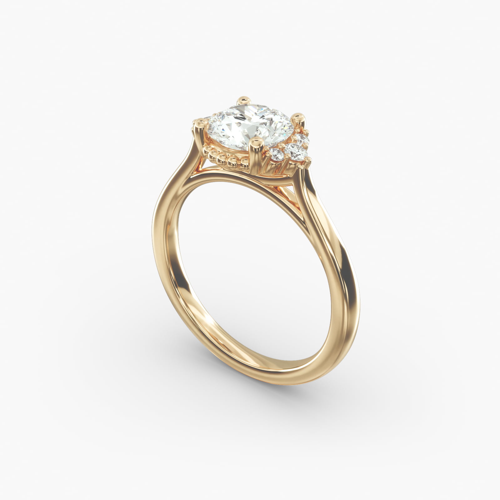 Bead Accent Pavé Trio Side Stone Diamond Engagement Ring In 14K