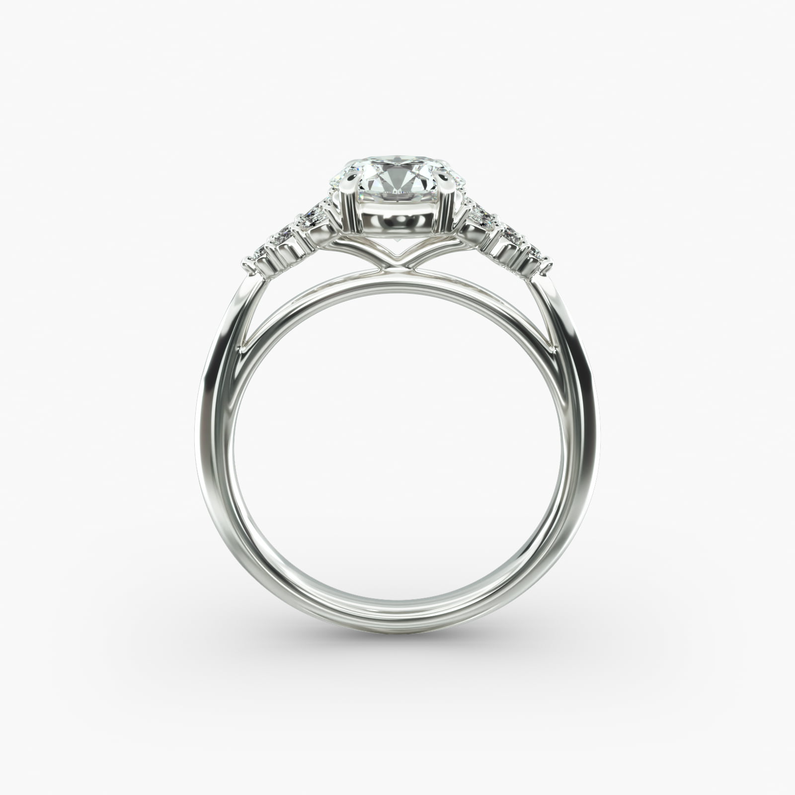 Diamond Chevron Knife Edge Side Stone Engagement Ring In 14K White Gold