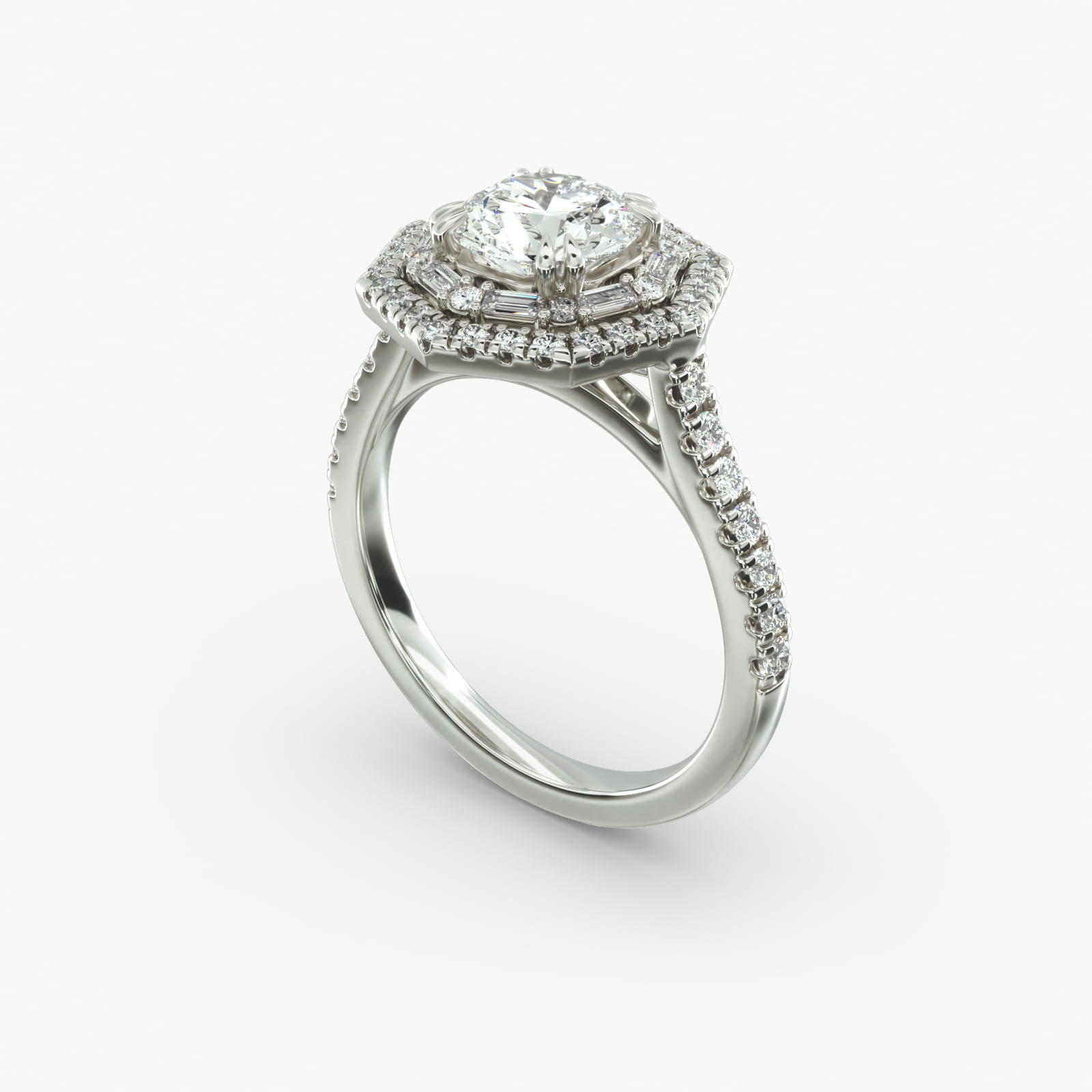 Octagonal Baguette And Round Double Diamond Halo Engagement Ring