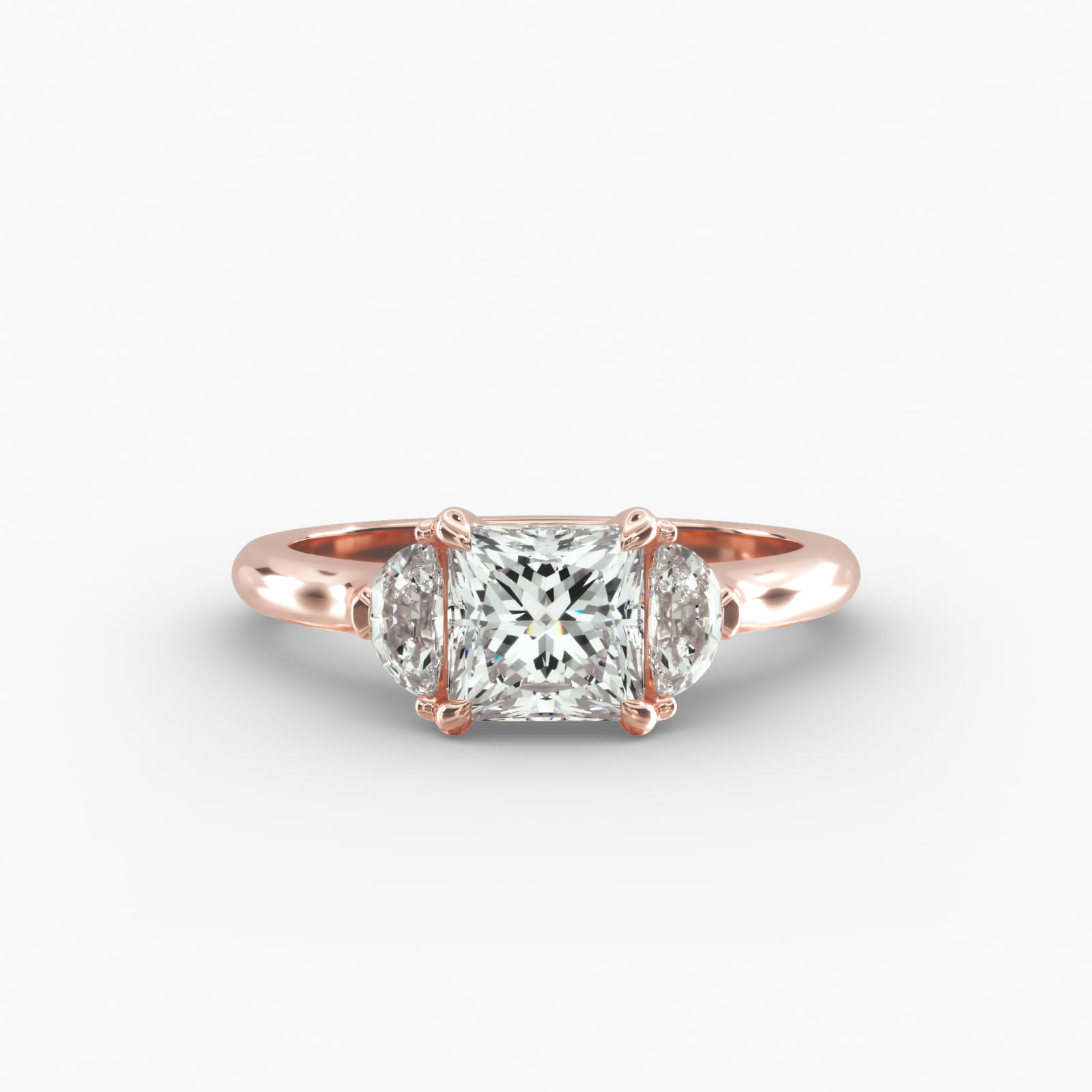 Half Moon Diamond Three Stone Engagement Ring In 14K Rose Gold