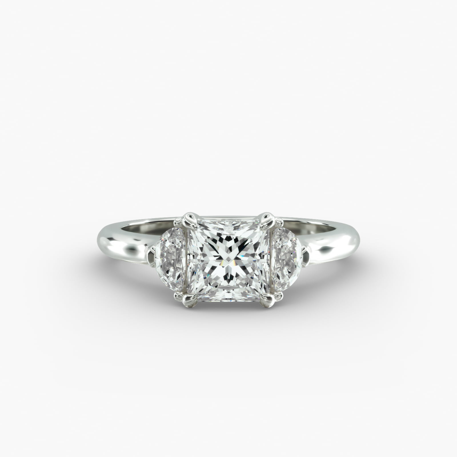 Half Moon Diamond Three Stone Engagement Ring In 14K White Gold