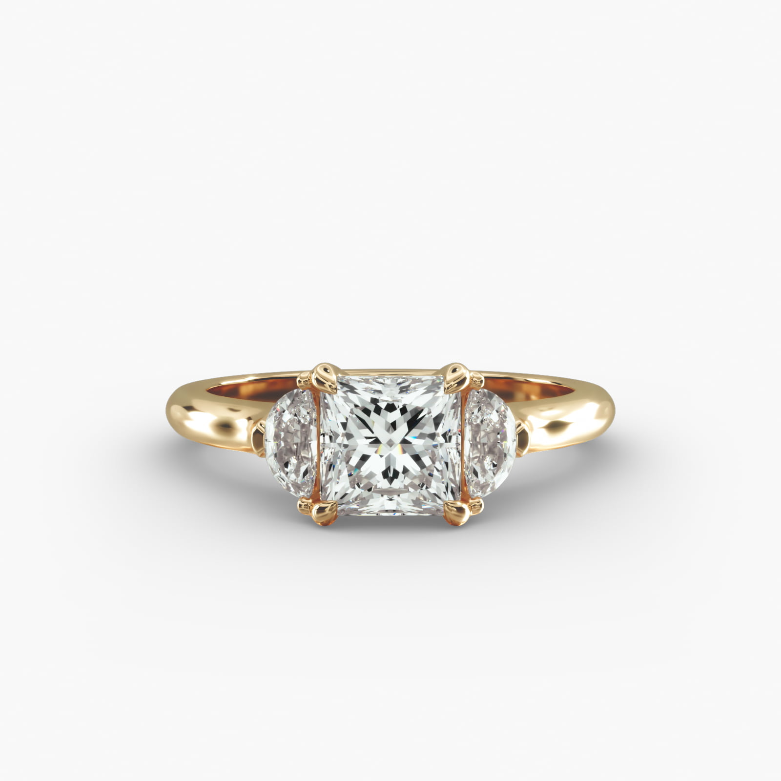 Half Moon Diamond Three Stone Engagement Ring In 14K Yellow Gold