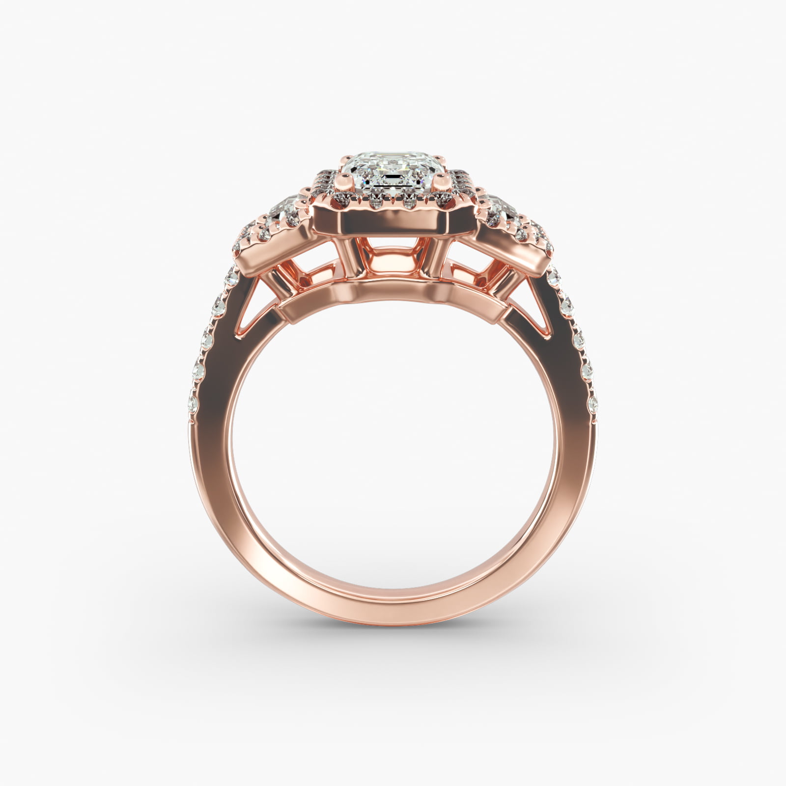 Framed Trapezoid Diamond Three Stone Engagement Ring In 14K Rose Gold