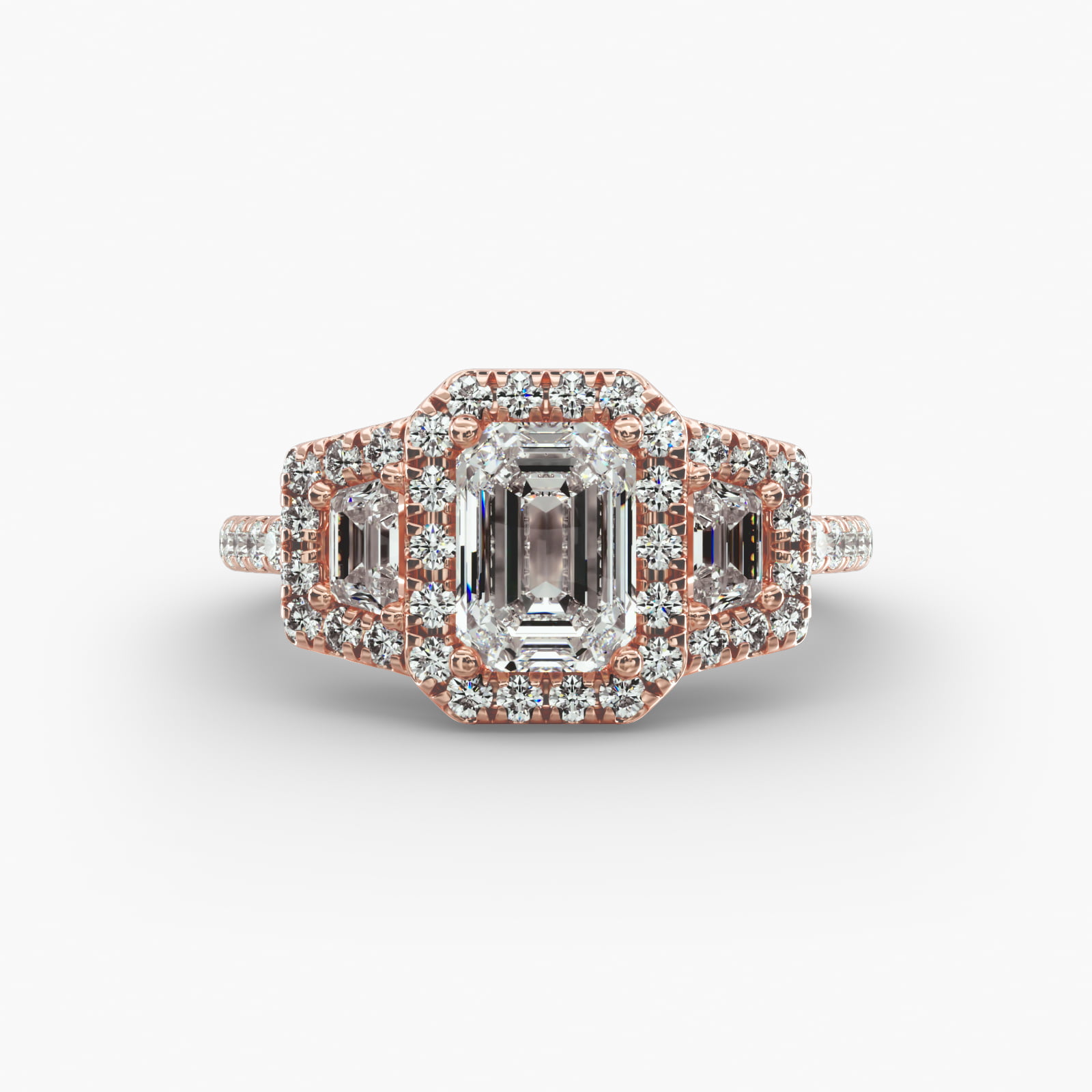 Framed Trapezoid Diamond Three Stone Engagement Ring In 14K Rose Gold