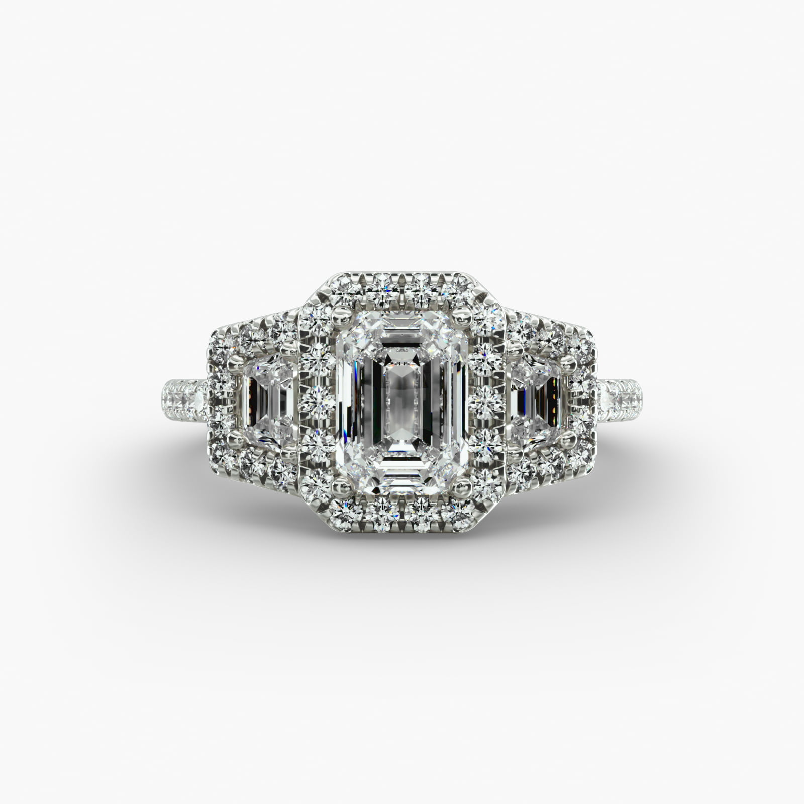 Framed Trapezoid Diamond Three Stone Engagement Ring In 14K White Gold