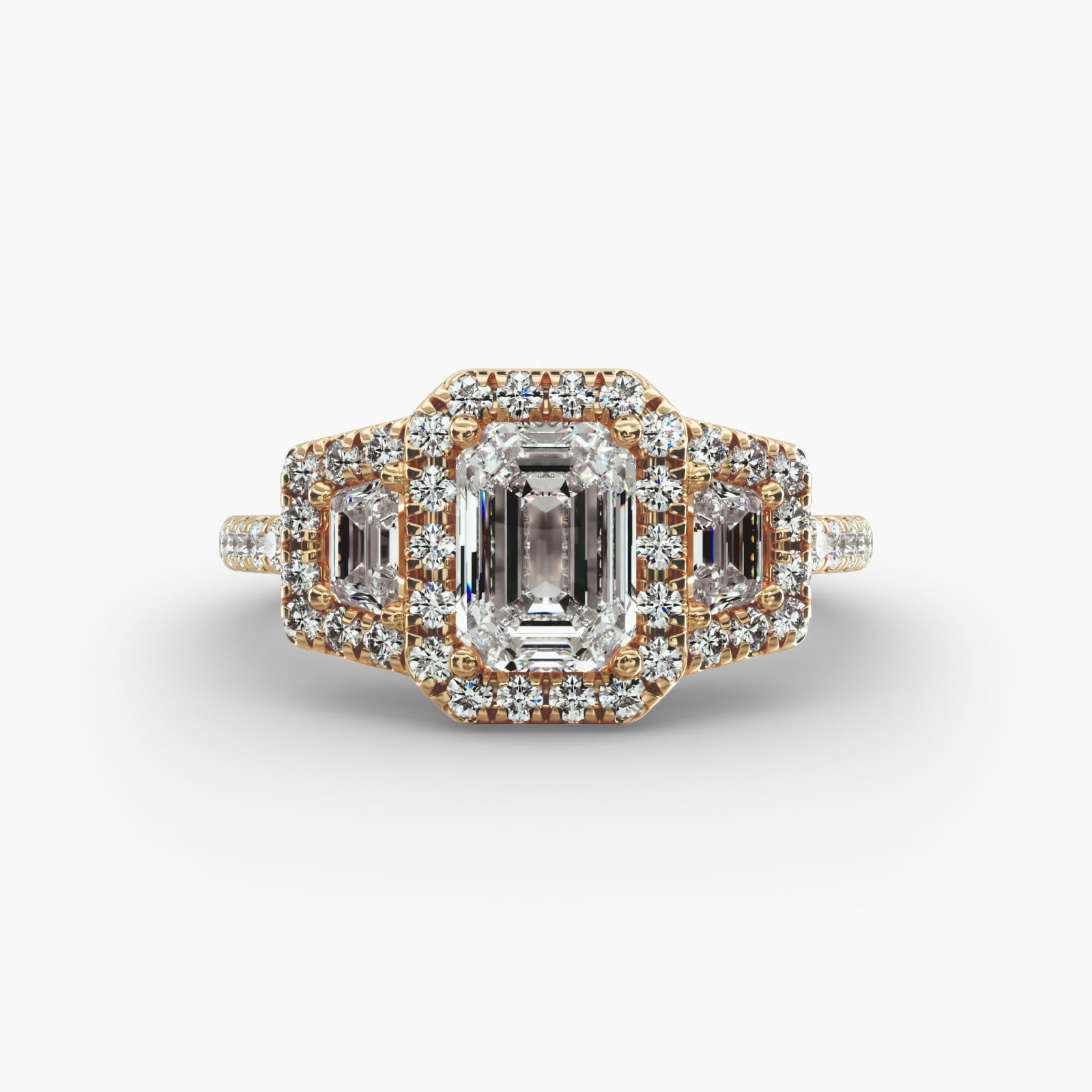 Framed Trapezoid Diamond Three Stone Engagement Ring In 14K Yellow Gold