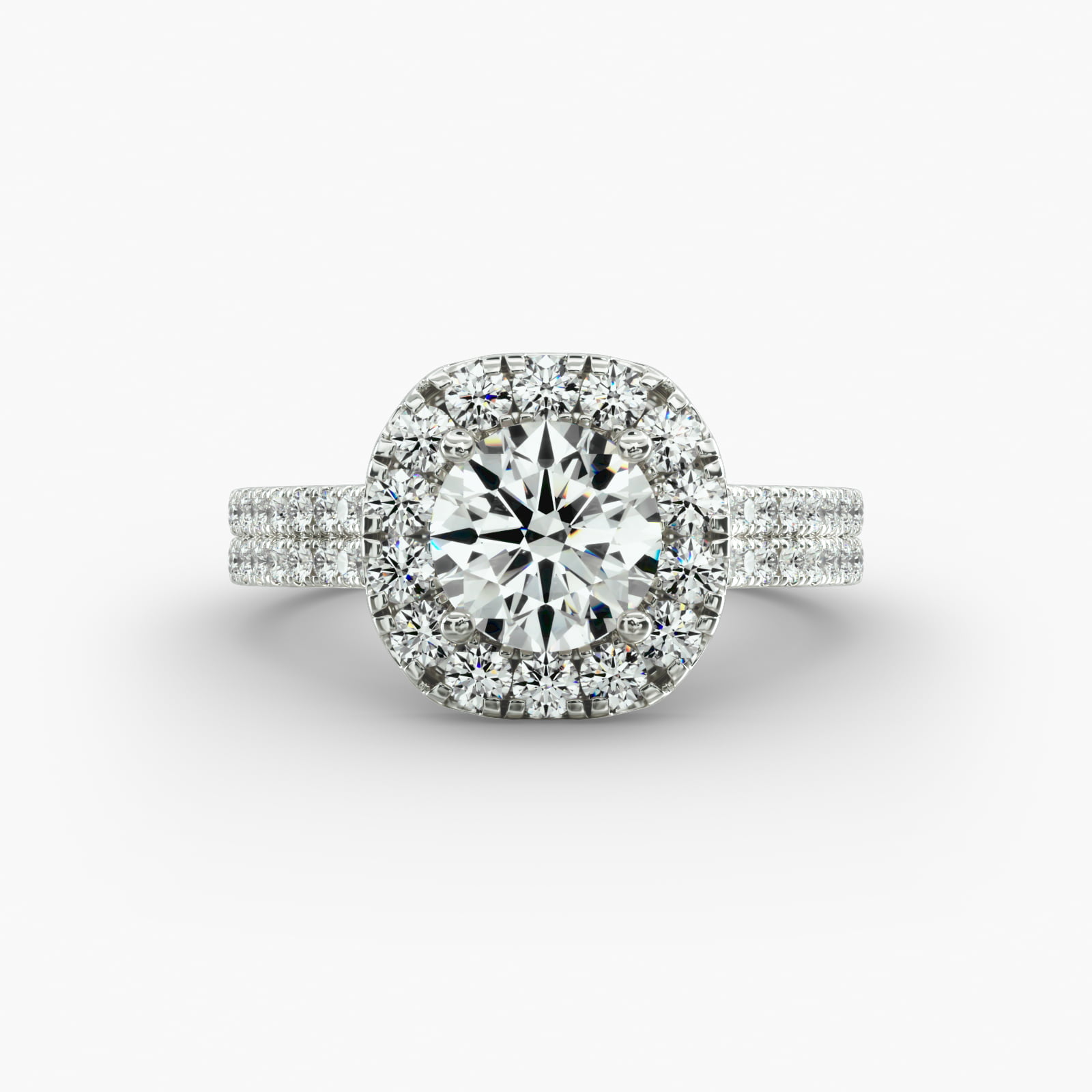 Double Shank Diamond Halo Engagement Ring In 14K White Gold