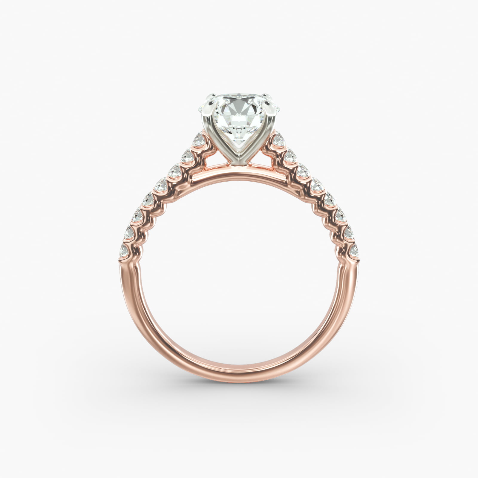Petite Cathedral Contour Side Stone Diamond Shared Prong Engagement Ring In 14K Rose Gold