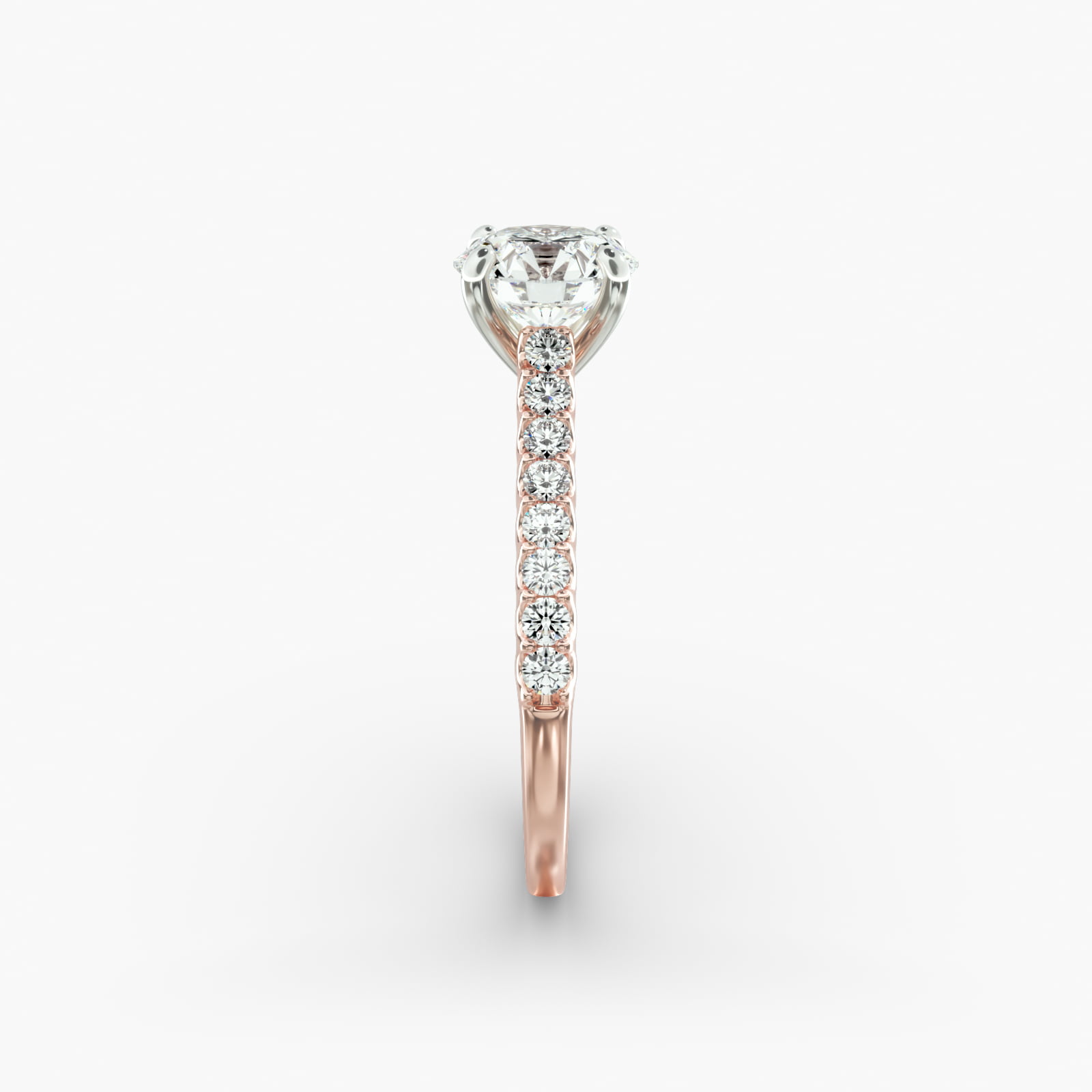 Petite Cathedral Contour Side Stone Diamond Shared Prong Engagement Ring In 14K Rose Gold