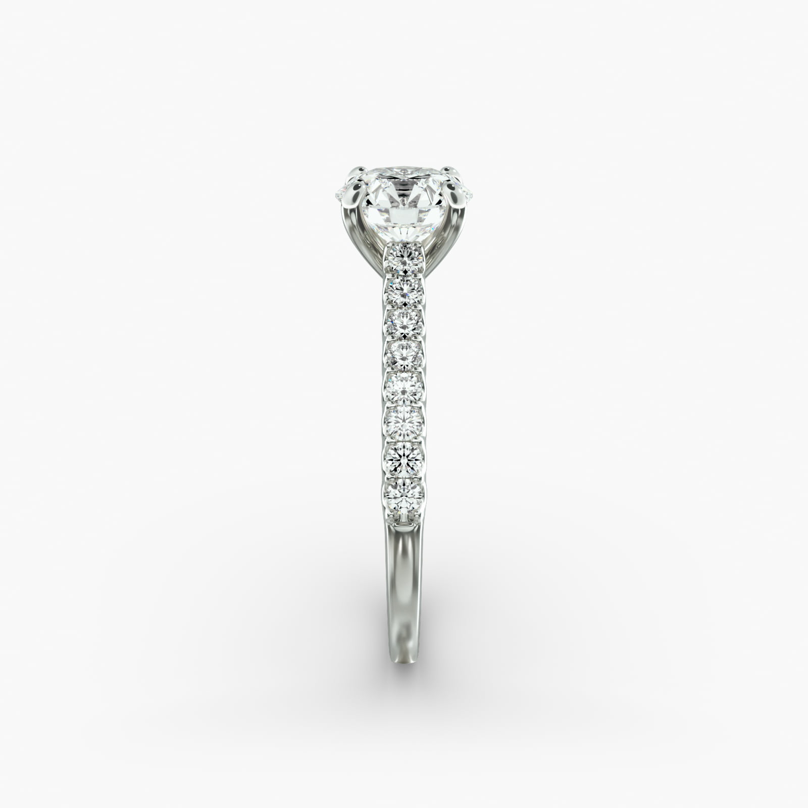 Petite Cathedral Contour Side Stone Diamond Shared Prong Engagement Ring In 14K White Gold