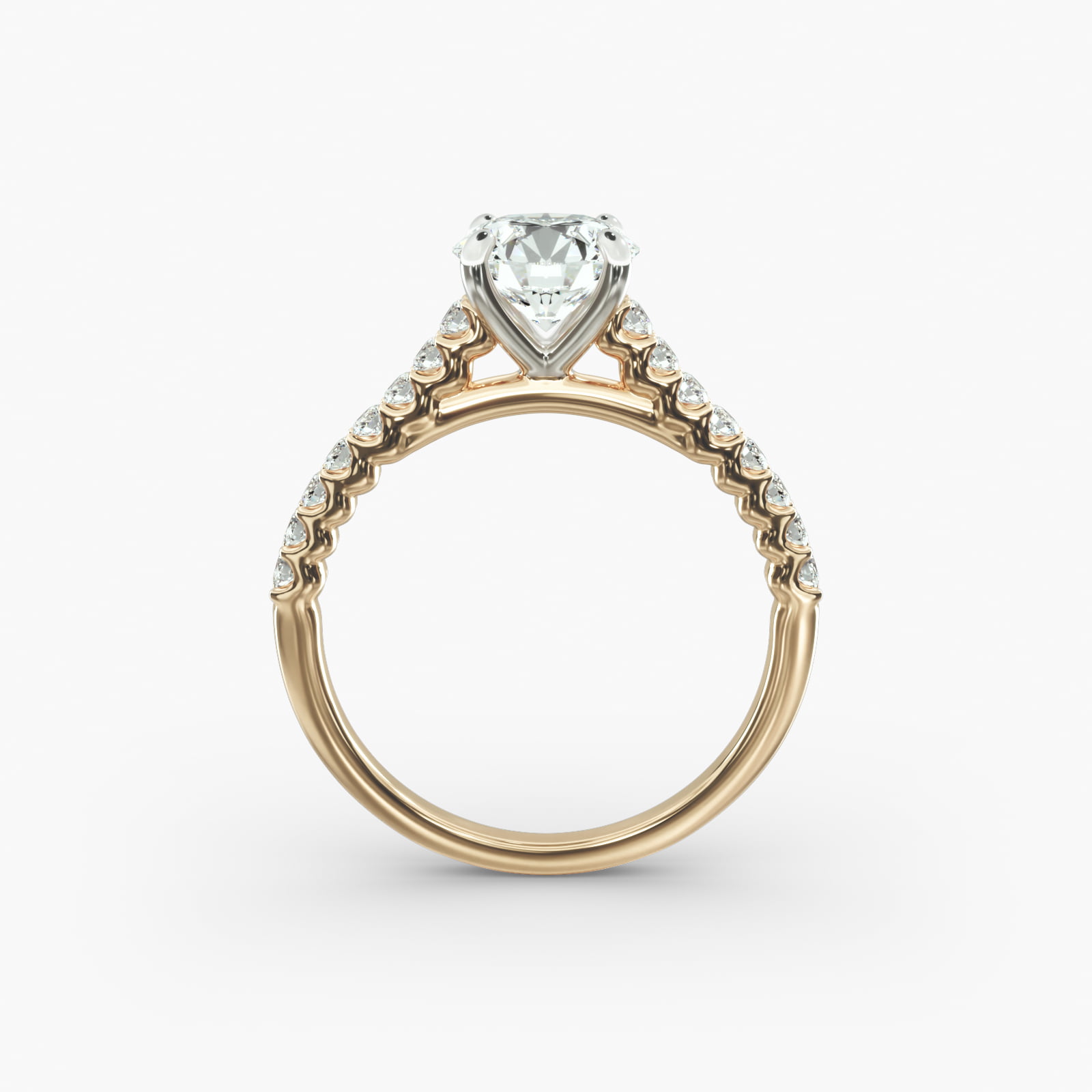 Petite Cathedral Contour Side Stone Diamond Shared Prong Engagement Ring In 14K Yellow Gold