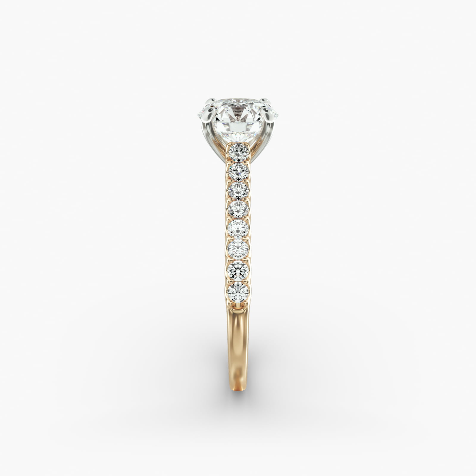 Petite Cathedral Contour Side Stone Diamond Shared Prong Engagement Ring In 14K Yellow Gold
