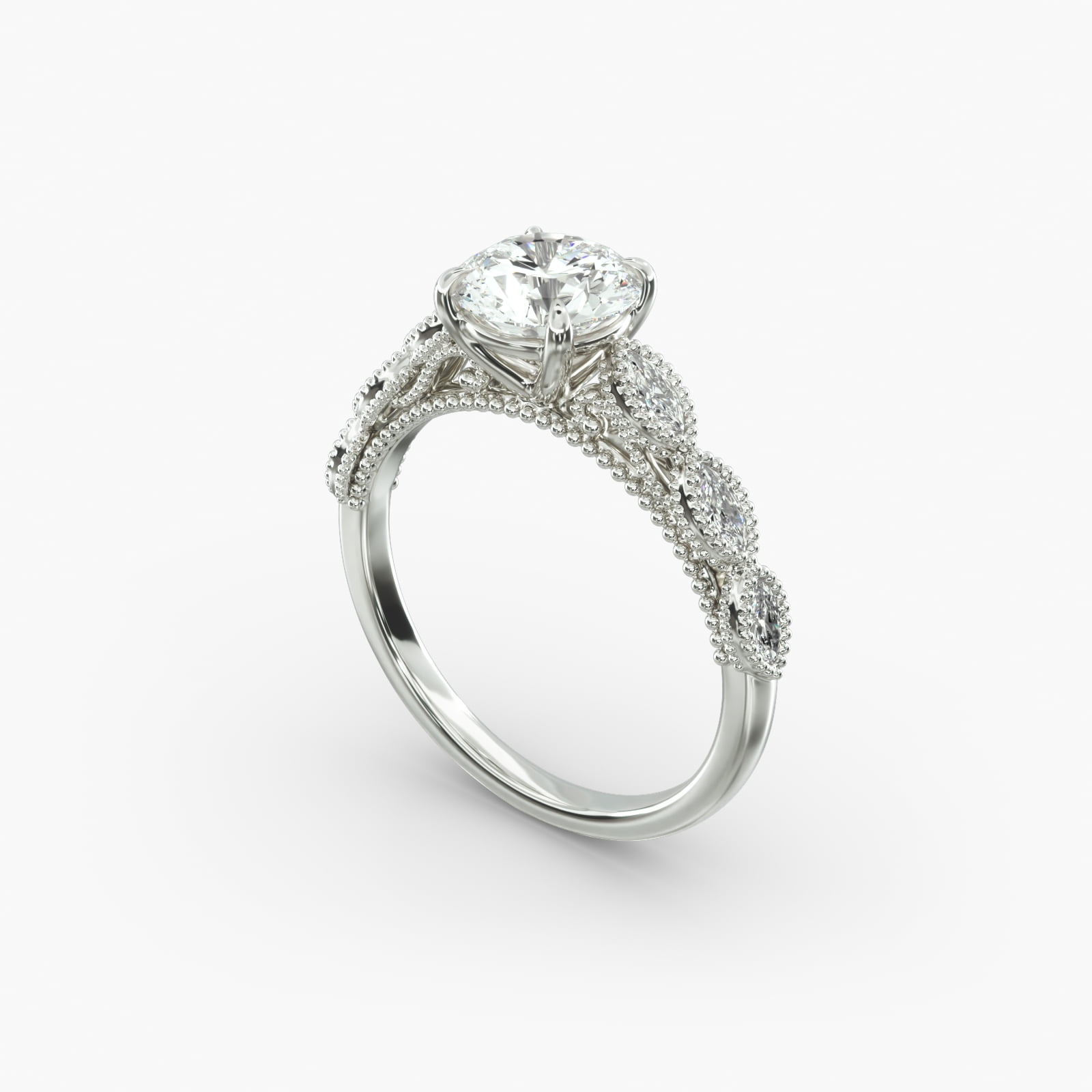 Cathedral Milgrain Marquise Cut Side Stone Diamond Engagement Ring