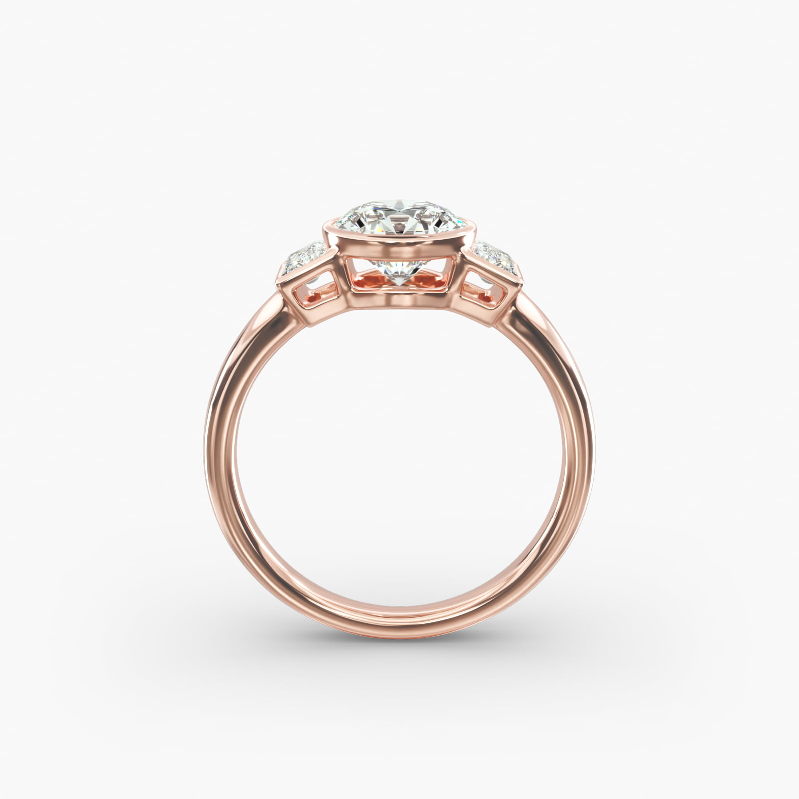 Bezel Straight Baguette Cut Diamond Three Stone Engagement Ring In 14K Rose Gold