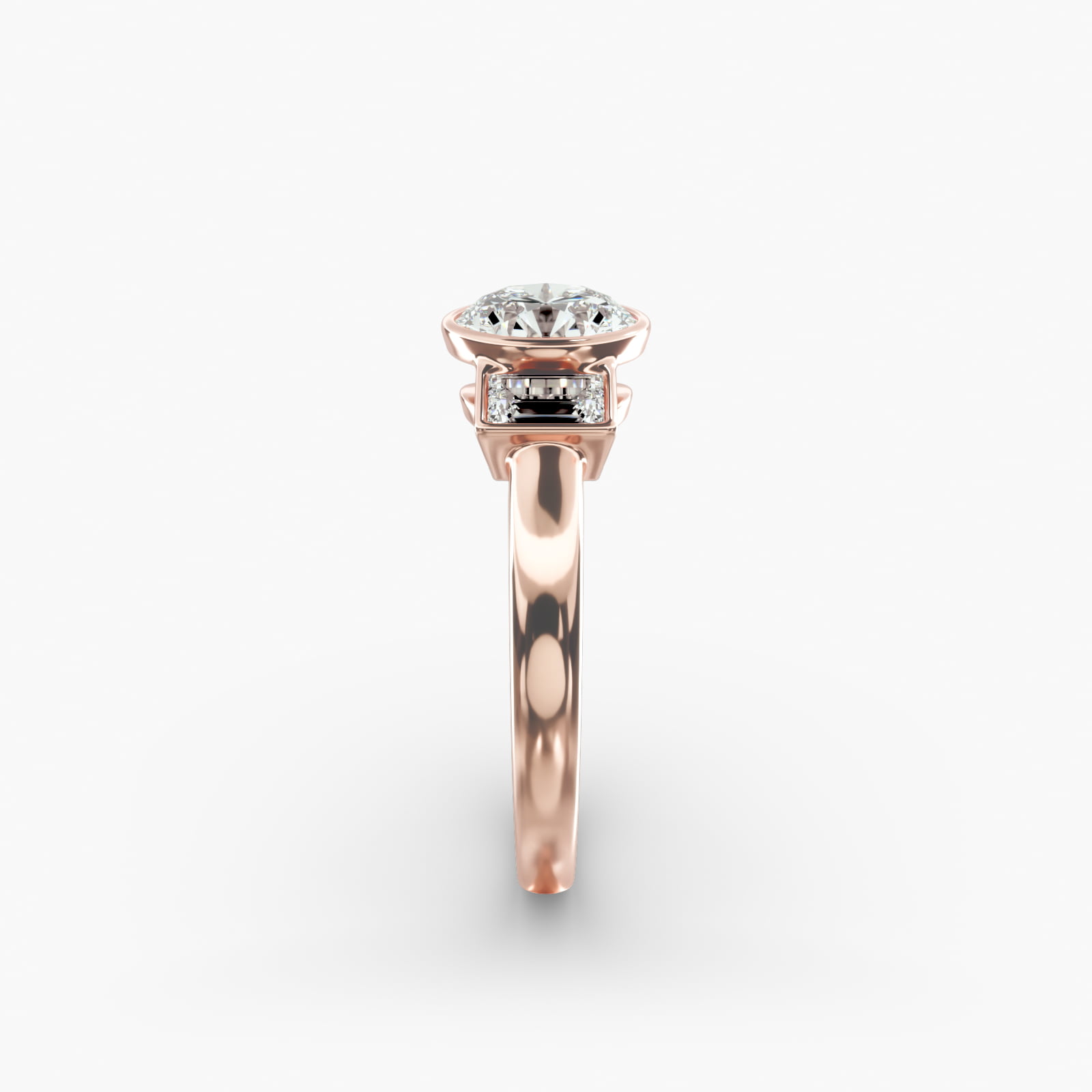 Bezel Straight Baguette Cut Diamond Three Stone Engagement Ring In 14K Rose Gold