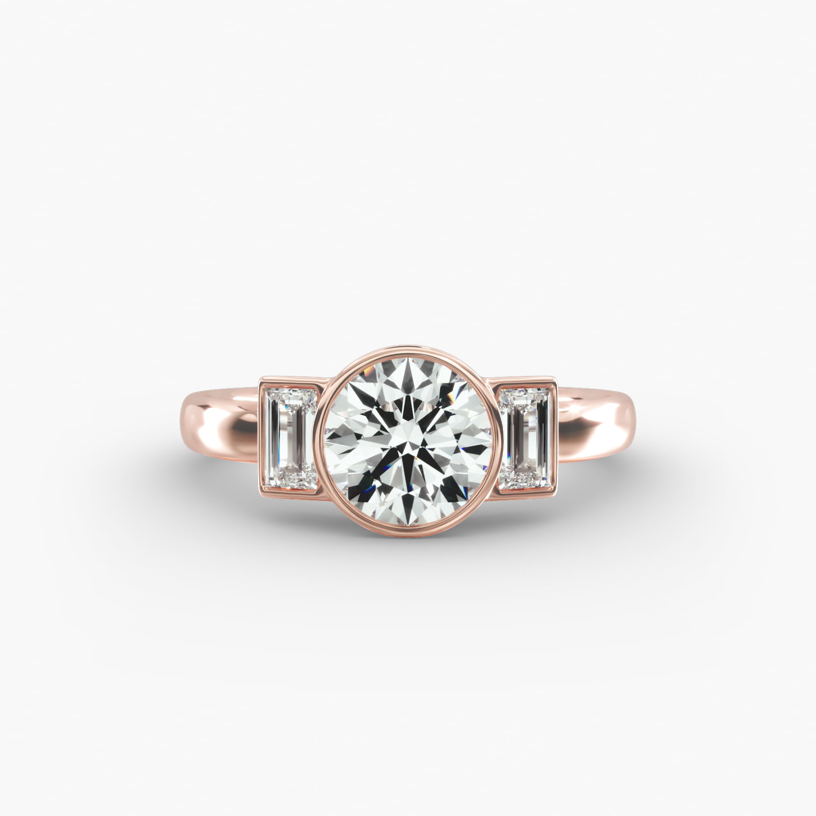 Bezel Straight Baguette Cut Diamond Three Stone Engagement Ring In 14K Rose Gold