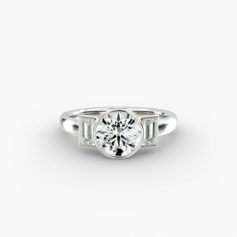 Bezel Straight Baguette Cut Diamond Three Stone Engagement Ring In Platinum