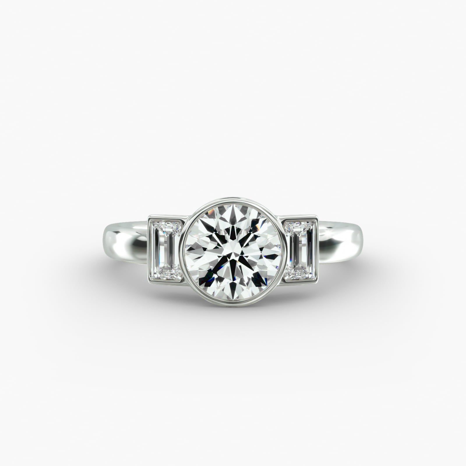 Bezel Straight Baguette Cut Diamond Three Stone Engagement Ring In 14K White Gold