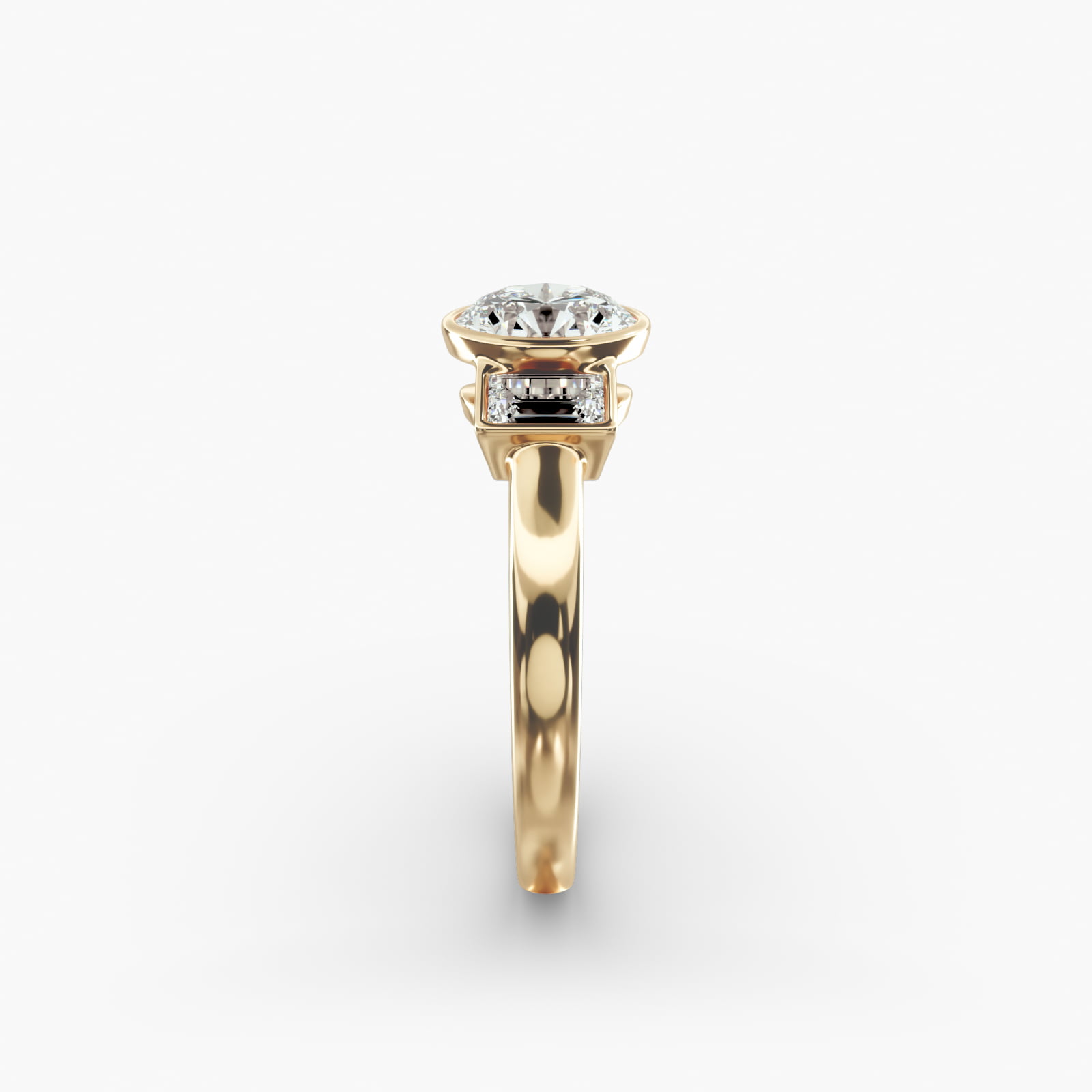 Bezel Straight Baguette Cut Diamond Three Stone Engagement Ring In 18K Yellow Gold