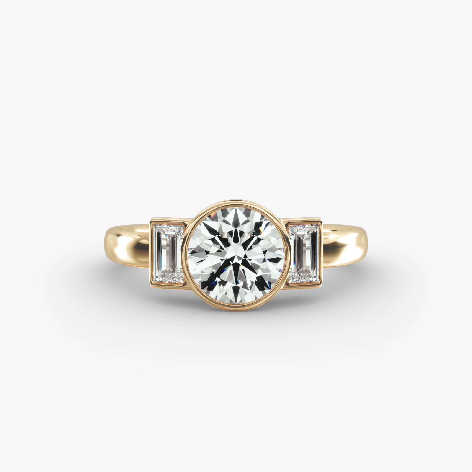 Bezel Straight Baguette Cut Diamond Three Stone Engagement Ring In 18K Yellow Gold