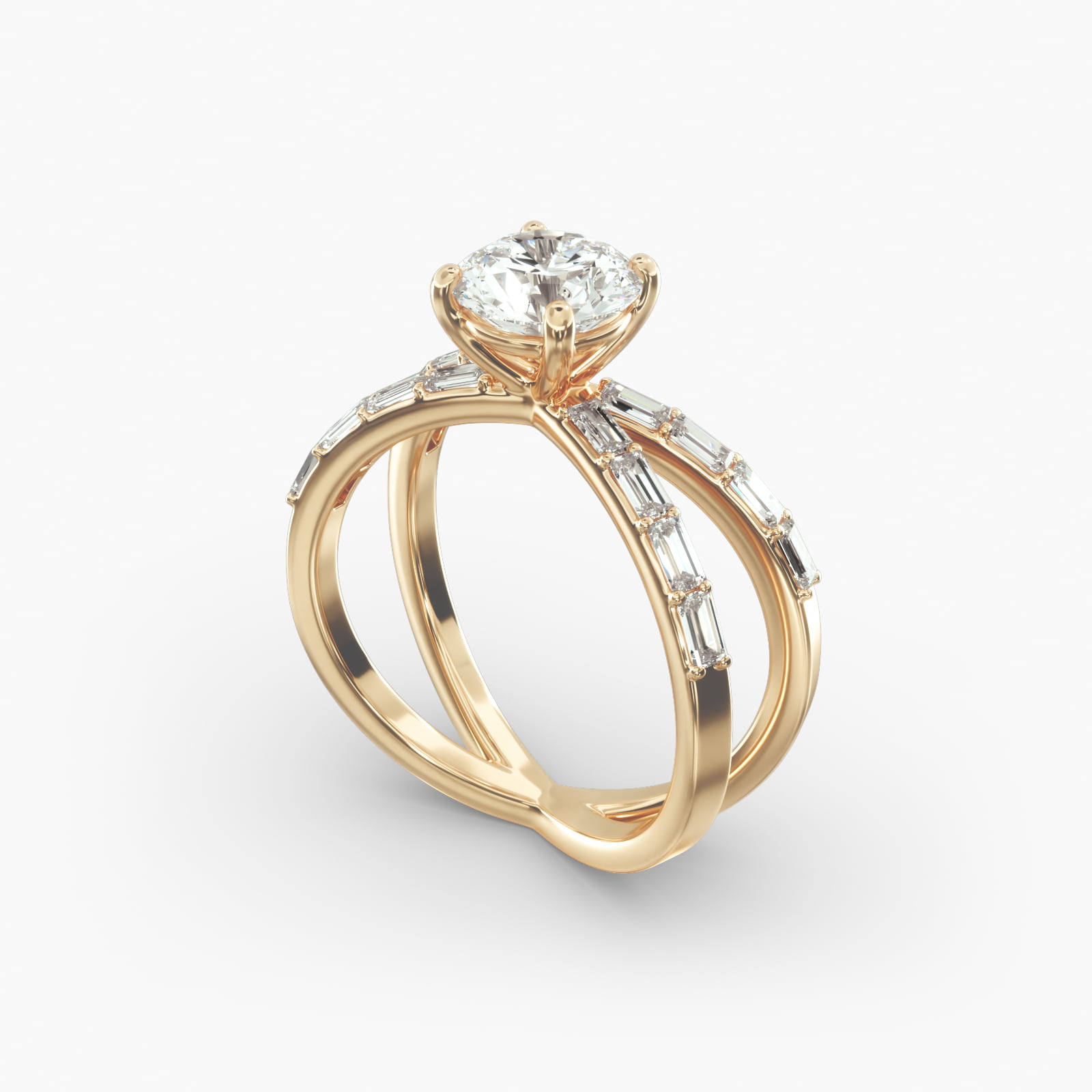 Criss-Cross Baguette Side Stone Diamond Engagement Ring In 14K