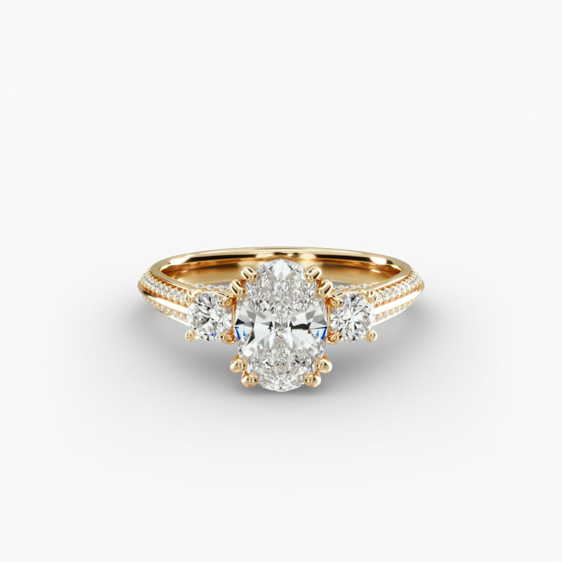 Pavé Knife Edge Diamond Three Stone Engagement Ring In 14K Yellow Gold