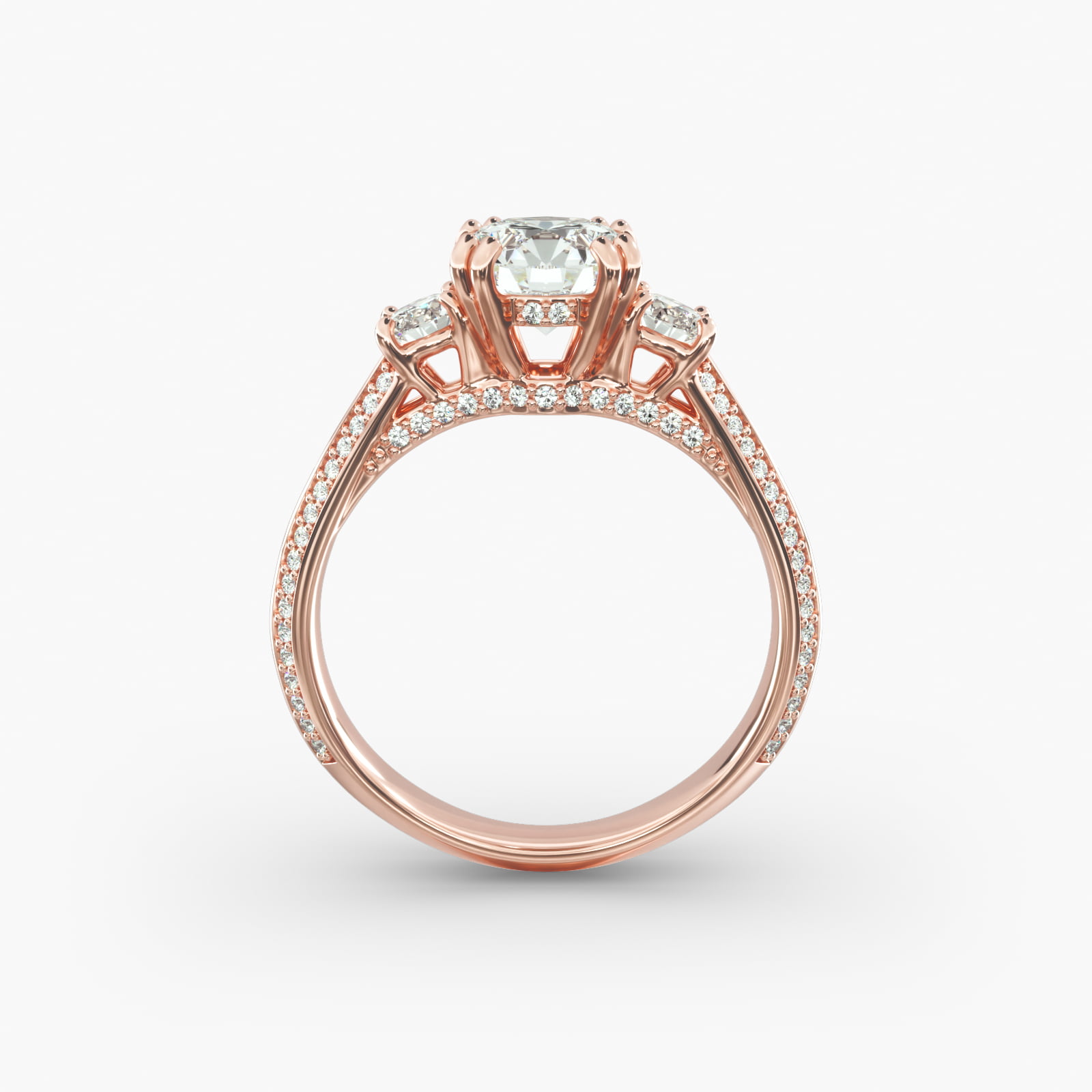 Pavé Knife Edge Diamond Three Stone Engagement Ring In 14K Rose Gold