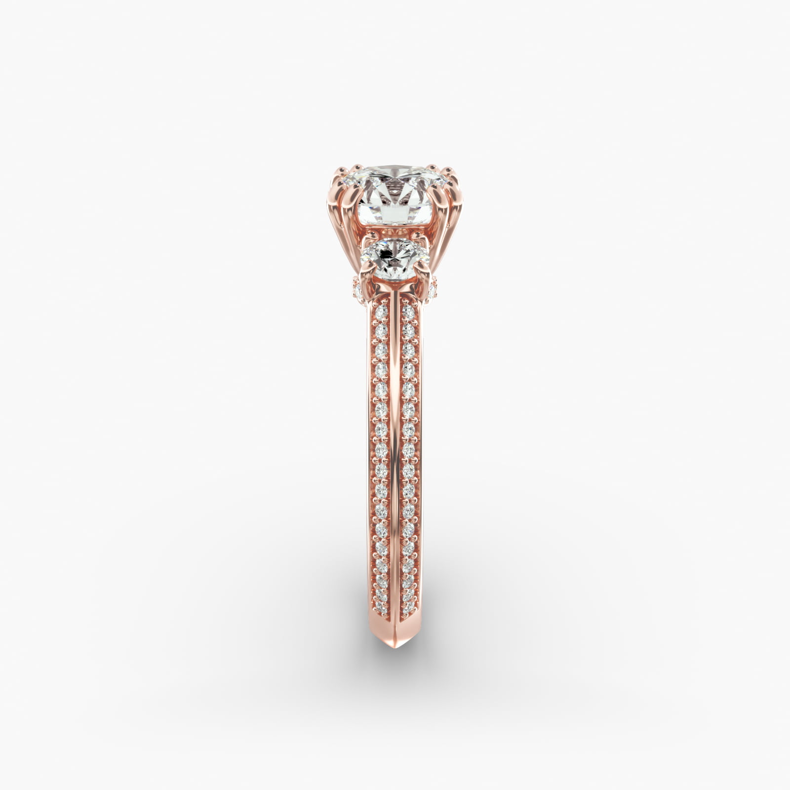 Pavé Knife Edge Diamond Three Stone Engagement Ring In 14K Rose Gold