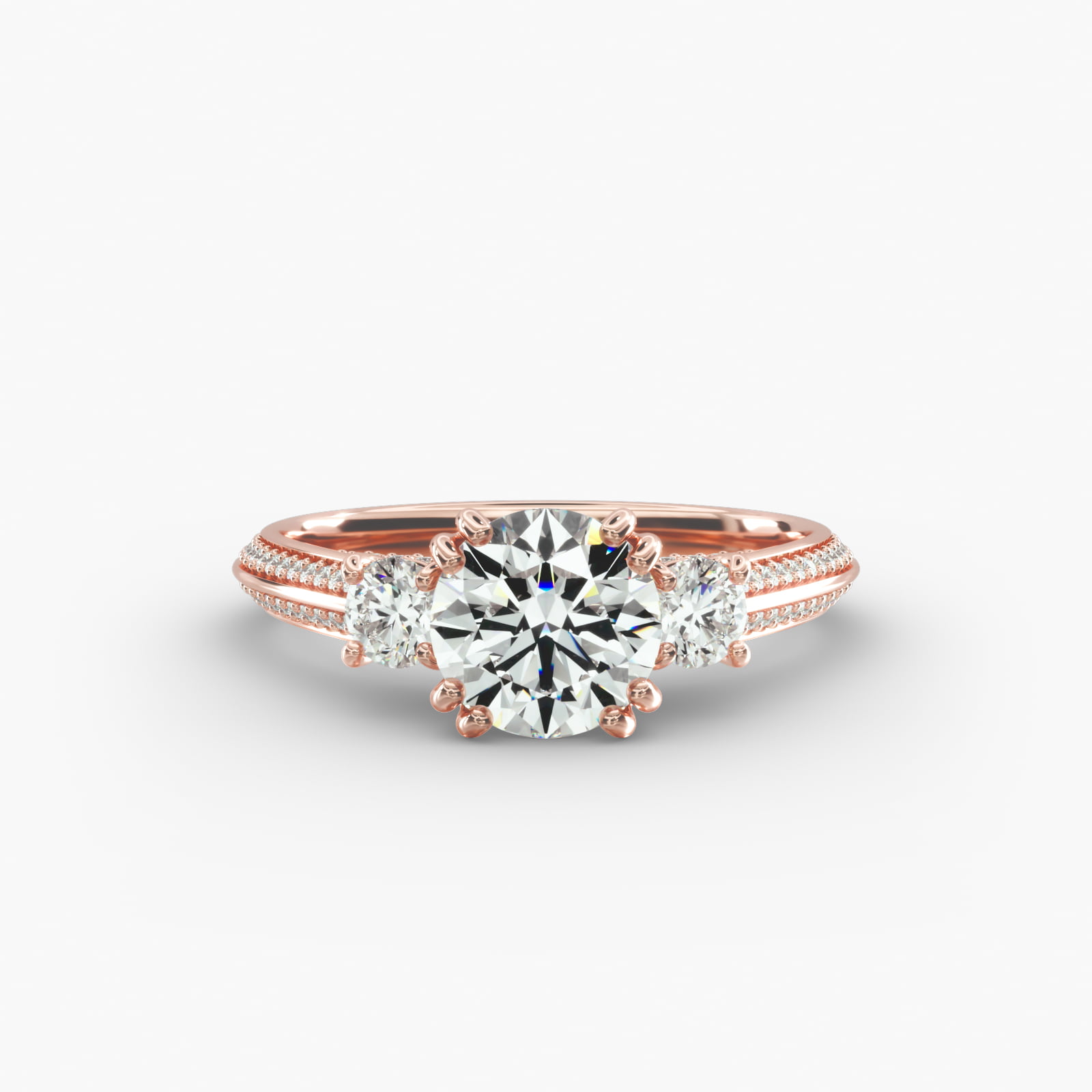 Pavé Knife Edge Diamond Three Stone Engagement Ring In 14K Rose Gold