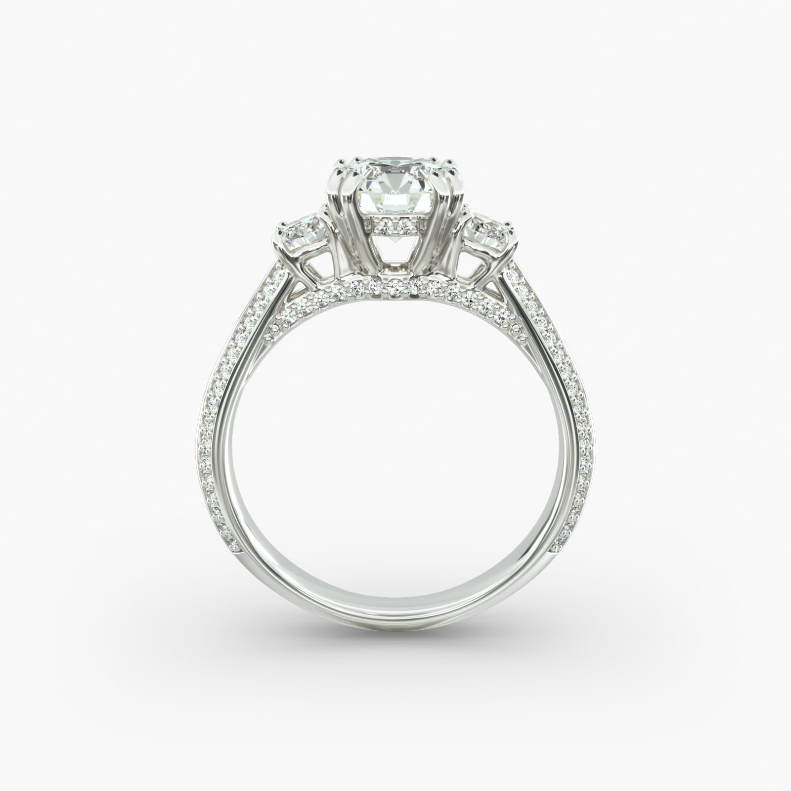 Pavé Knife Edge Diamond Three Stone Engagement Ring In Platinum