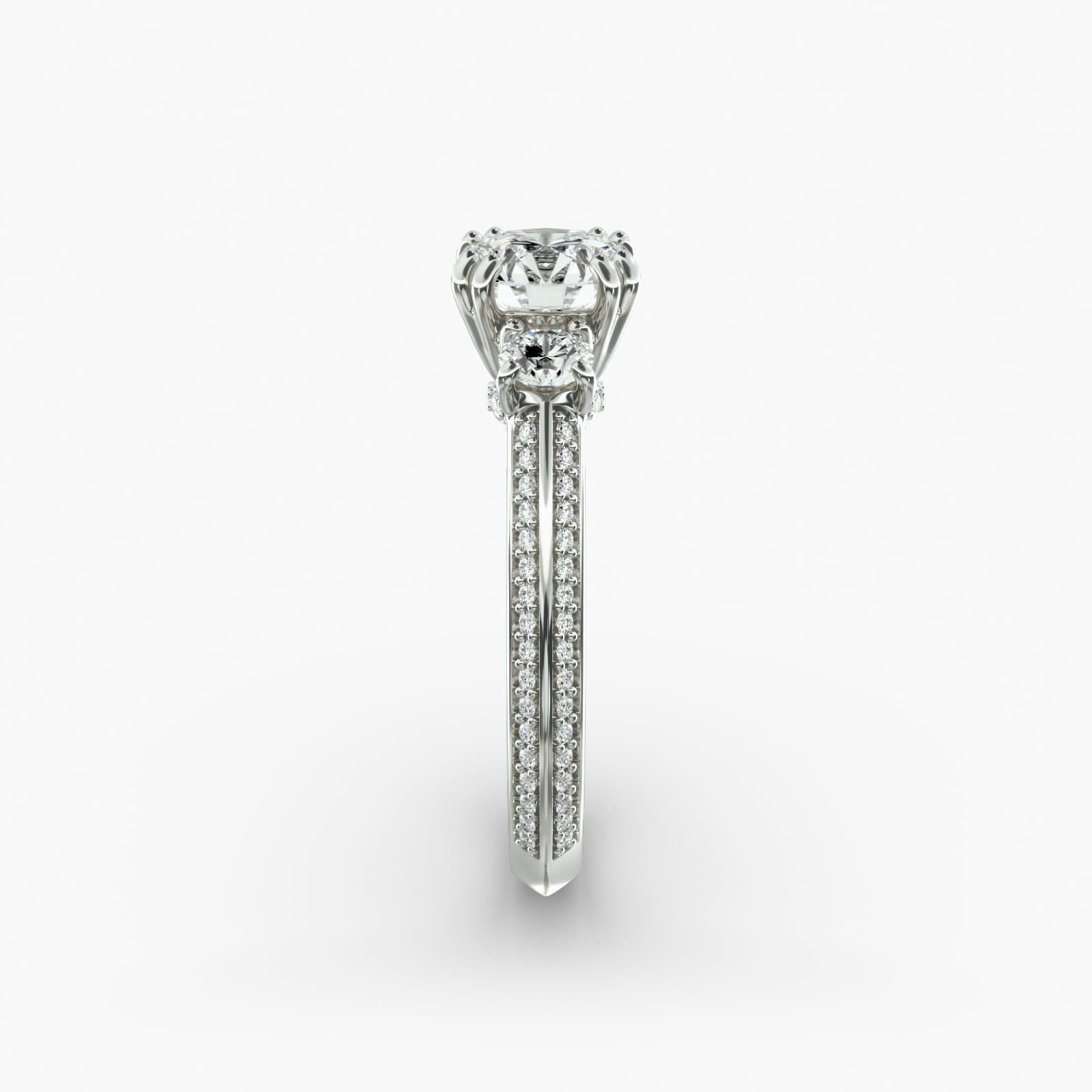 Pavé Knife Edge Diamond Three Stone Engagement Ring In Platinum