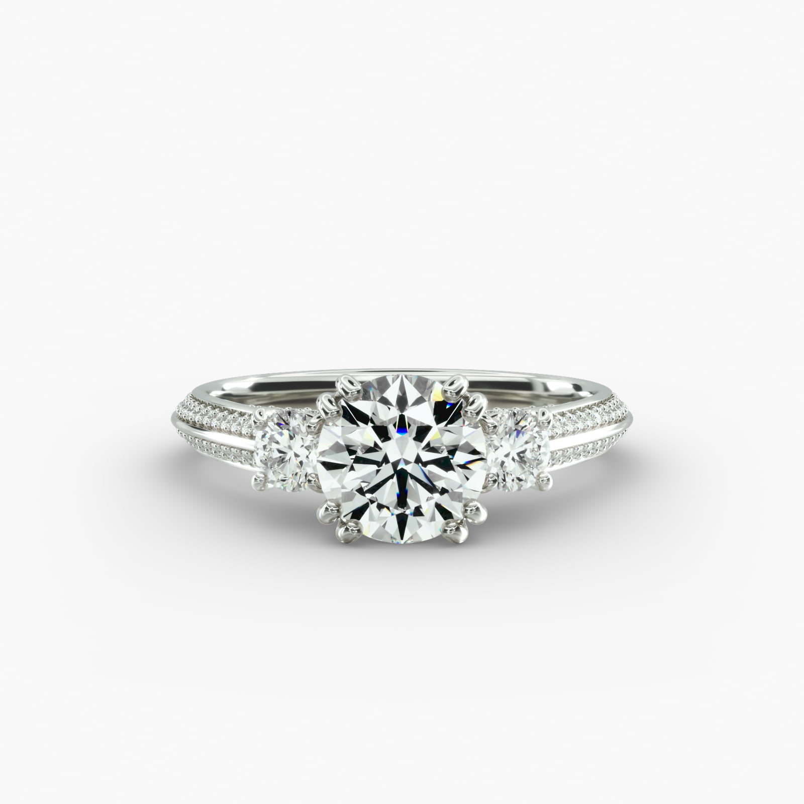 Pavé Knife Edge Diamond Three Stone Engagement Ring In Platinum