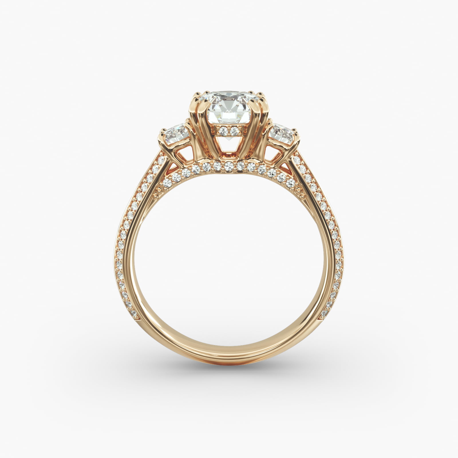 Pavé Knife Edge Diamond Three Stone Engagement Ring In 14K Yellow Gold