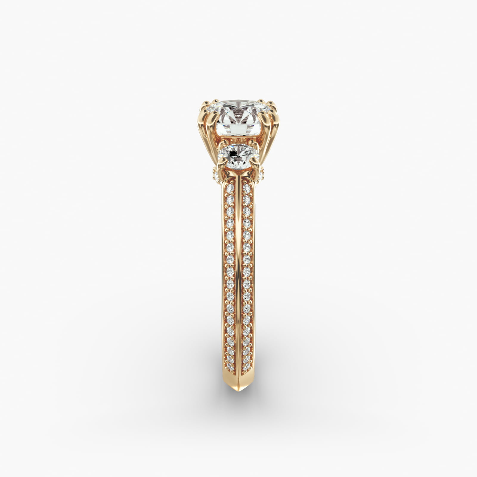 Pavé Knife Edge Diamond Three Stone Engagement Ring In 14K Yellow Gold