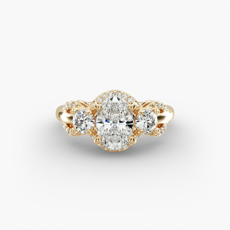 Pavé Silhouette Diamond Three Stone Engagement Ring In 14K Yellow Gold