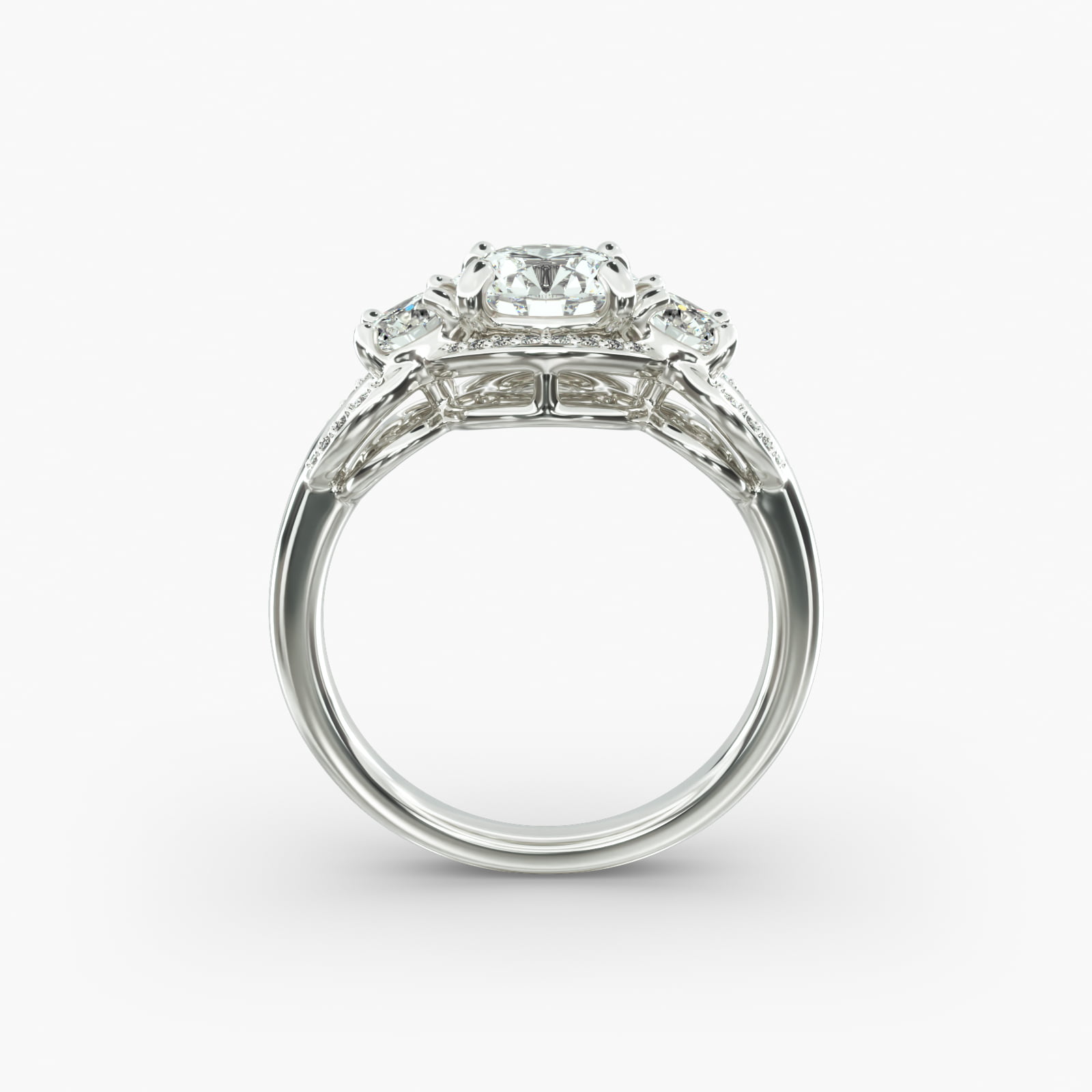 Pavé Silhouette Diamond Three Stone Engagement Ring In 14K White Gold