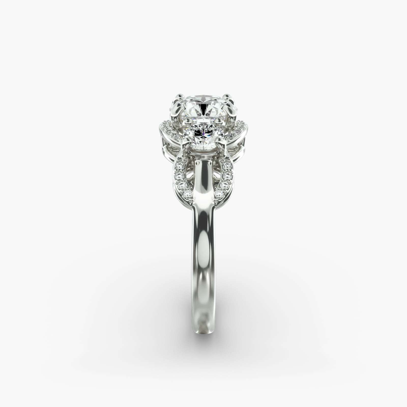Pavé Silhouette Diamond Three Stone Engagement Ring In 14K White Gold