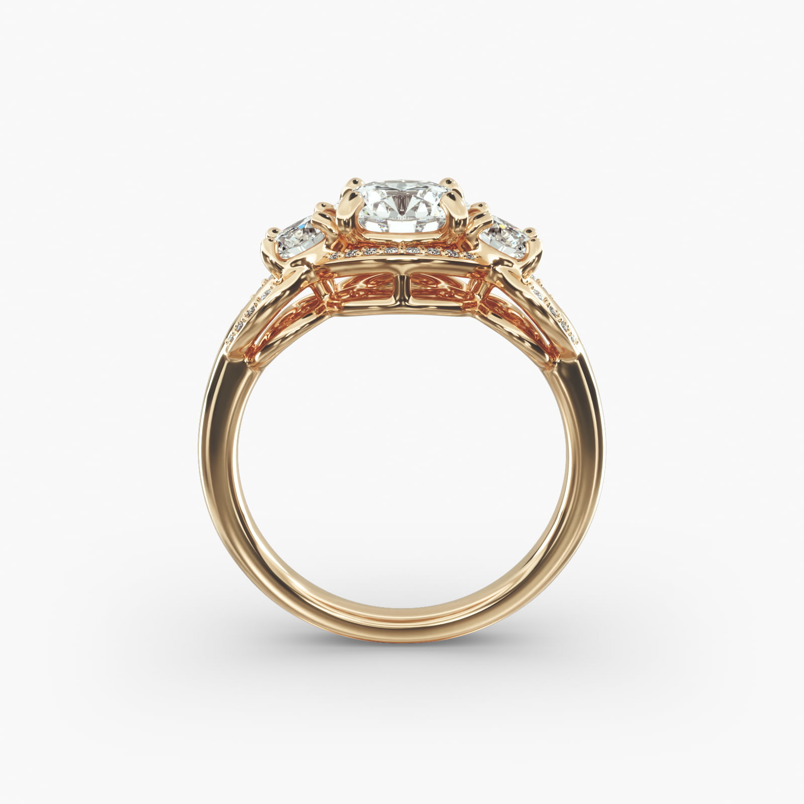 Pavé Silhouette Diamond Three Stone Engagement Ring In 14K Yellow Gold