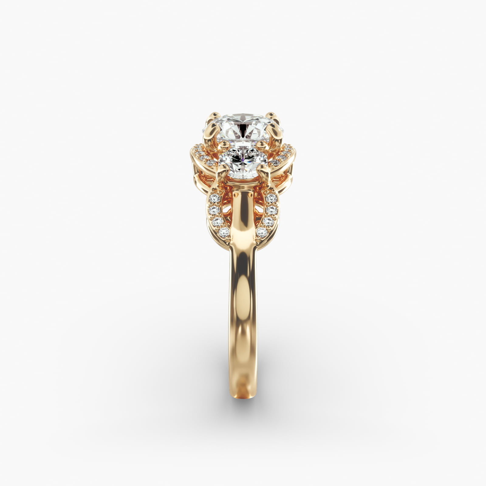 Pavé Silhouette Diamond Three Stone Engagement Ring In 14K Yellow Gold