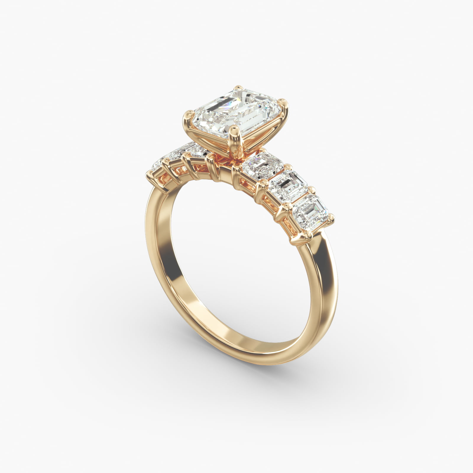 Emerald Cut Side Stone Diamond Engagement Ring In 18K Yellow Gold