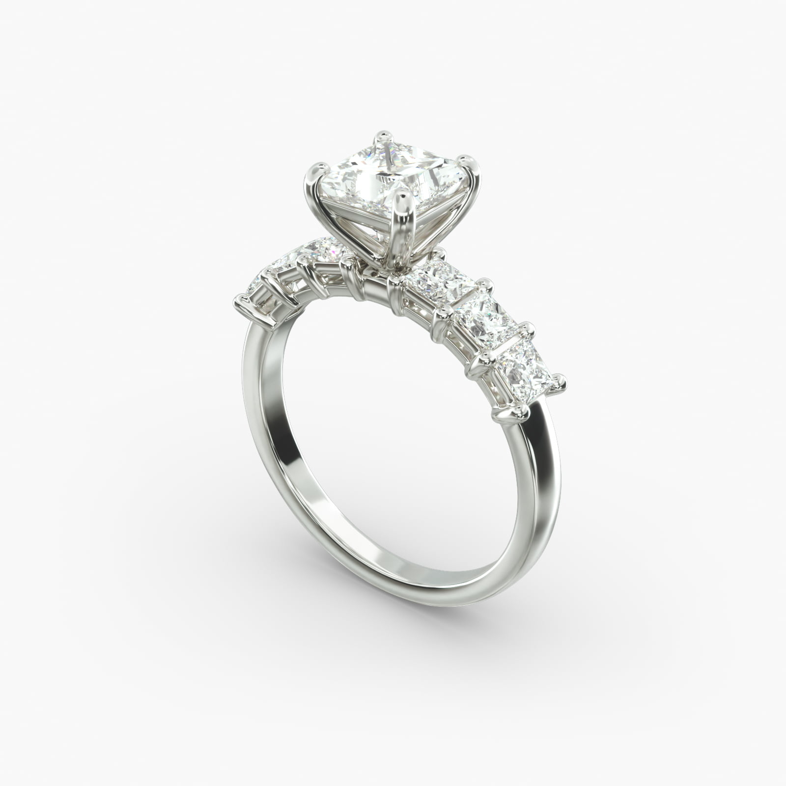Princess Cut Side Stone Diamond Engagement Ring In 18K White Gold