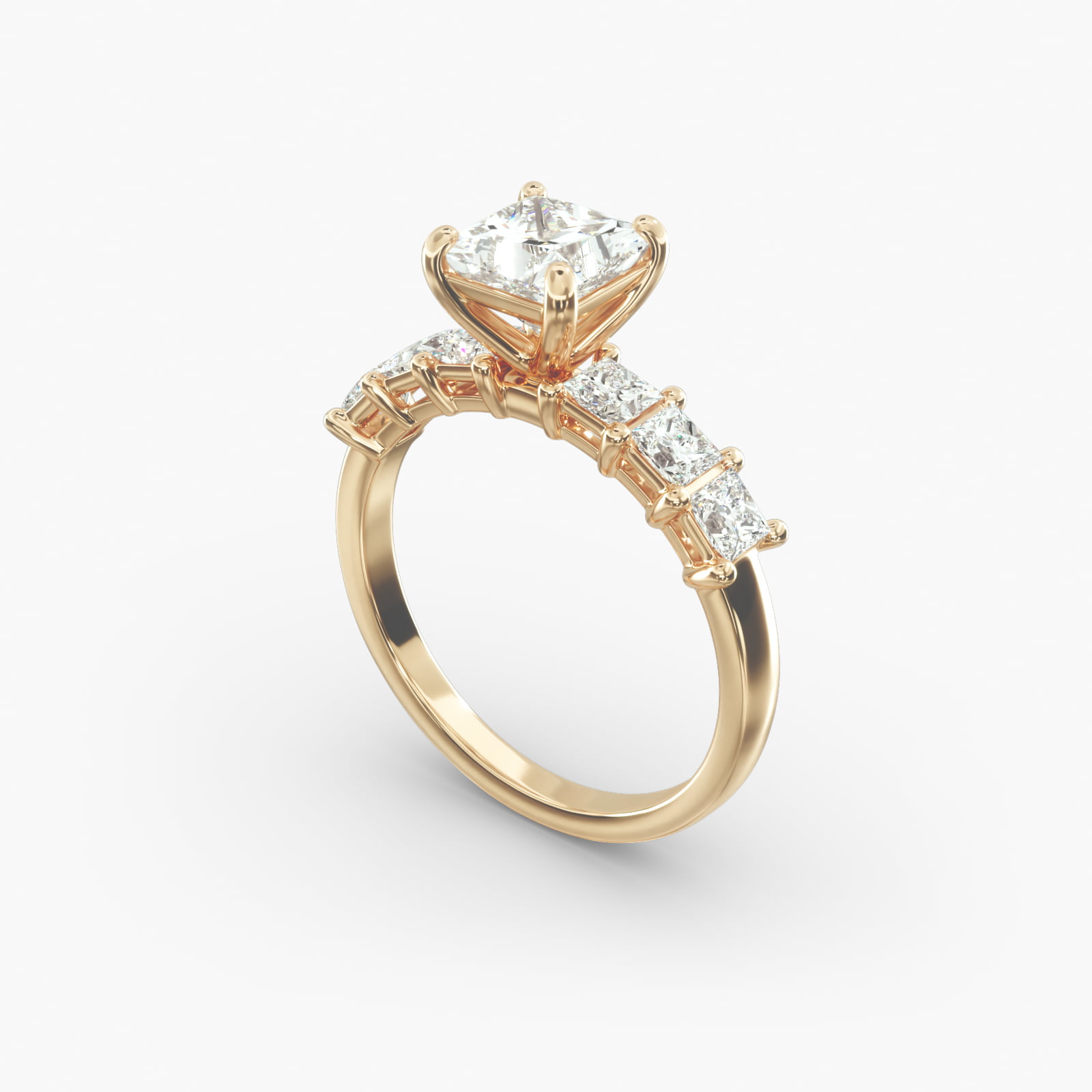 Princess Cut Side Stone Diamond Engagement Ring In 14K Yellow Gold