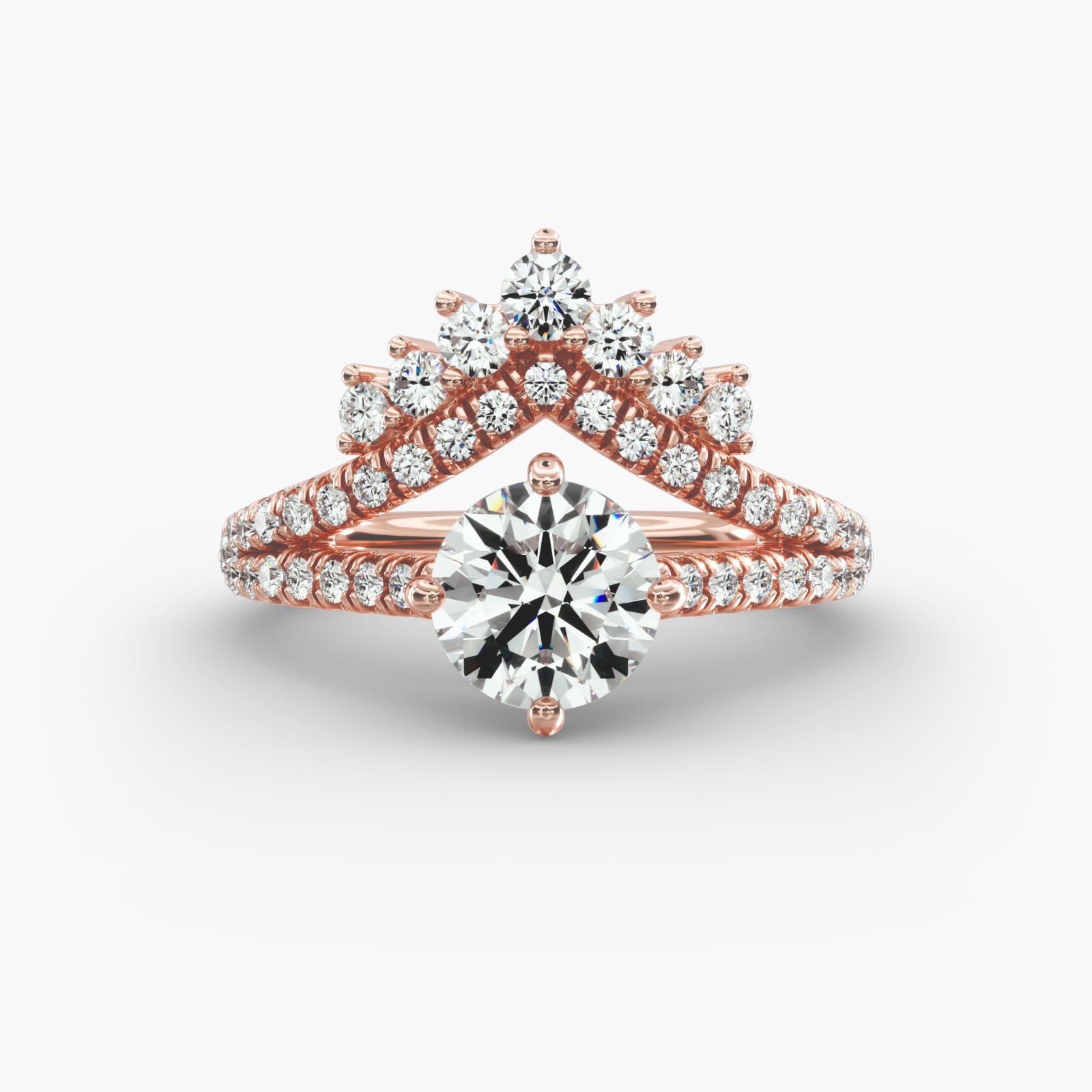 Double Row Majestic Diamond Tiara Side Stone Engagement Ring In 14K Rose Gold