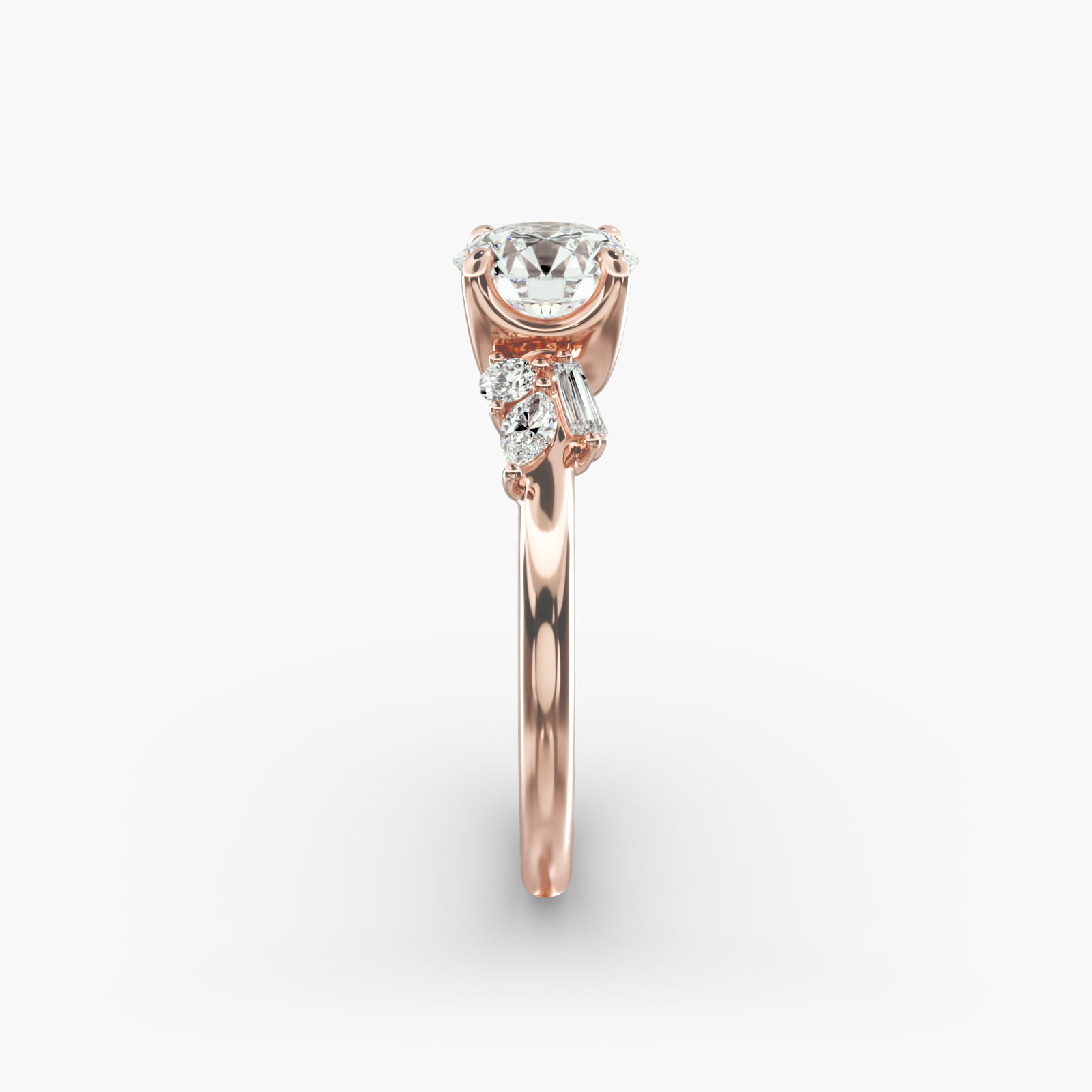 Floral Motif Diamond Accent Side Stone Engagement Ring In 14K Rose Gold