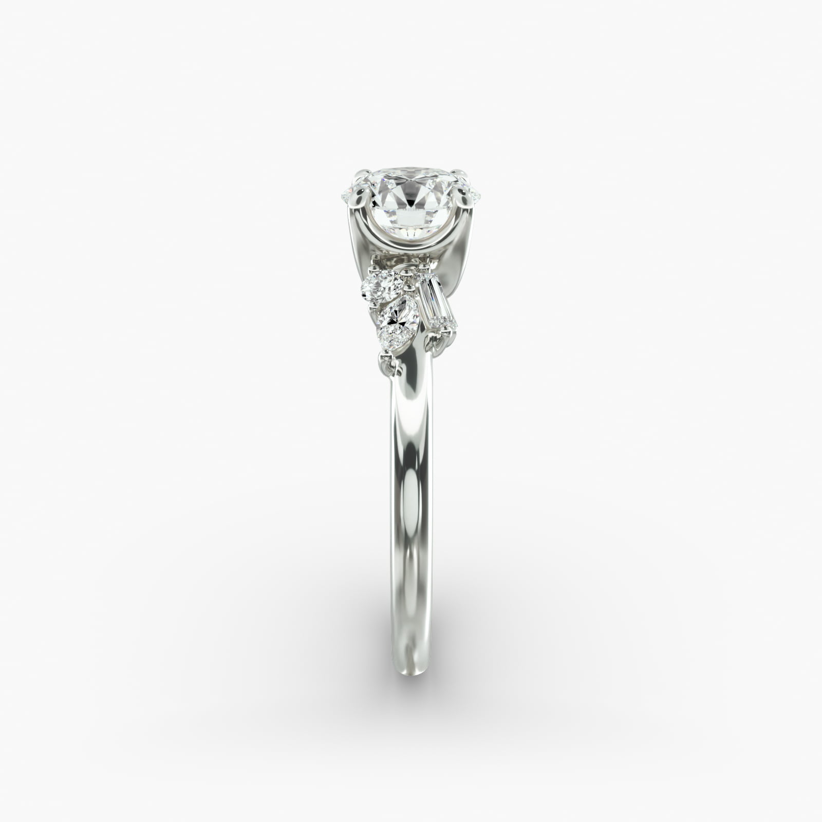 Floral Motif Diamond Accent Side Stone Engagement Ring In 14K White Gold