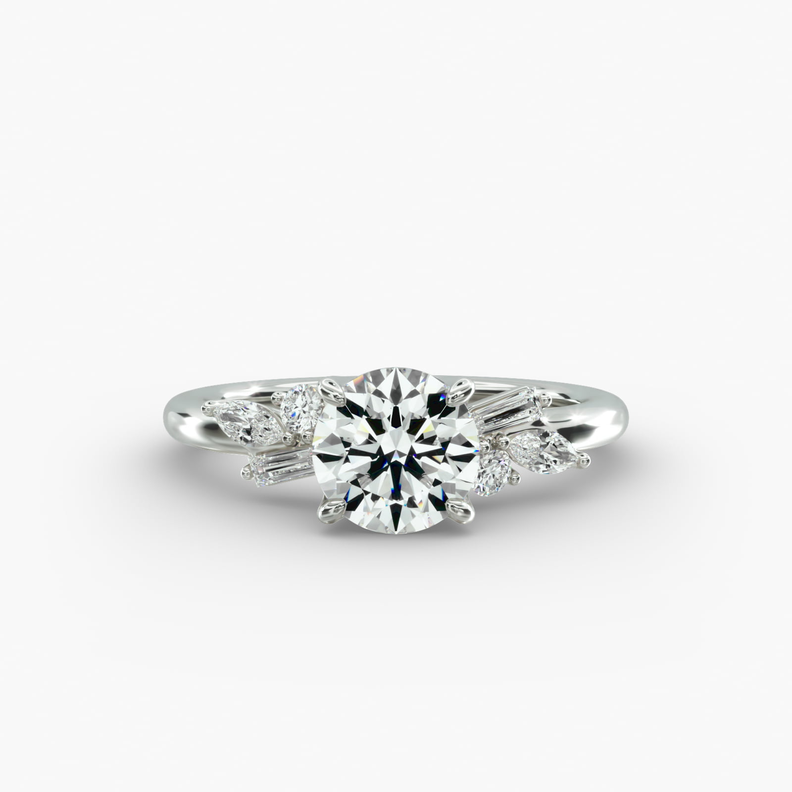 Floral Motif Diamond Accent Side Stone Engagement Ring In 14K White Gold