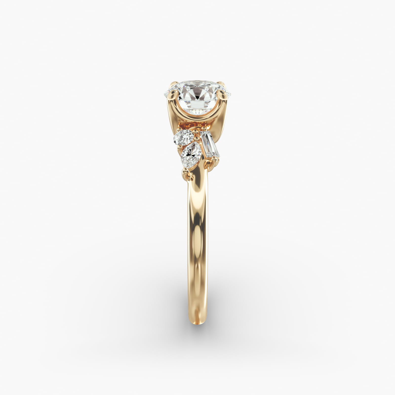 Floral Motif Diamond Accent Side Stone Engagement Ring In 18K Yellow Gold