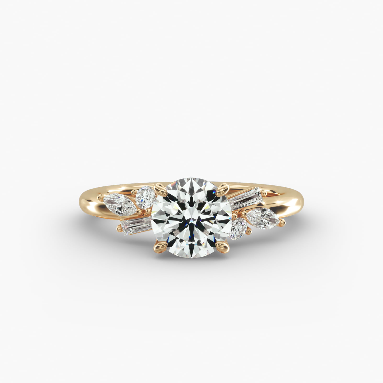 Floral Motif Diamond Accent Side Stone Engagement Ring In 18K Yellow Gold