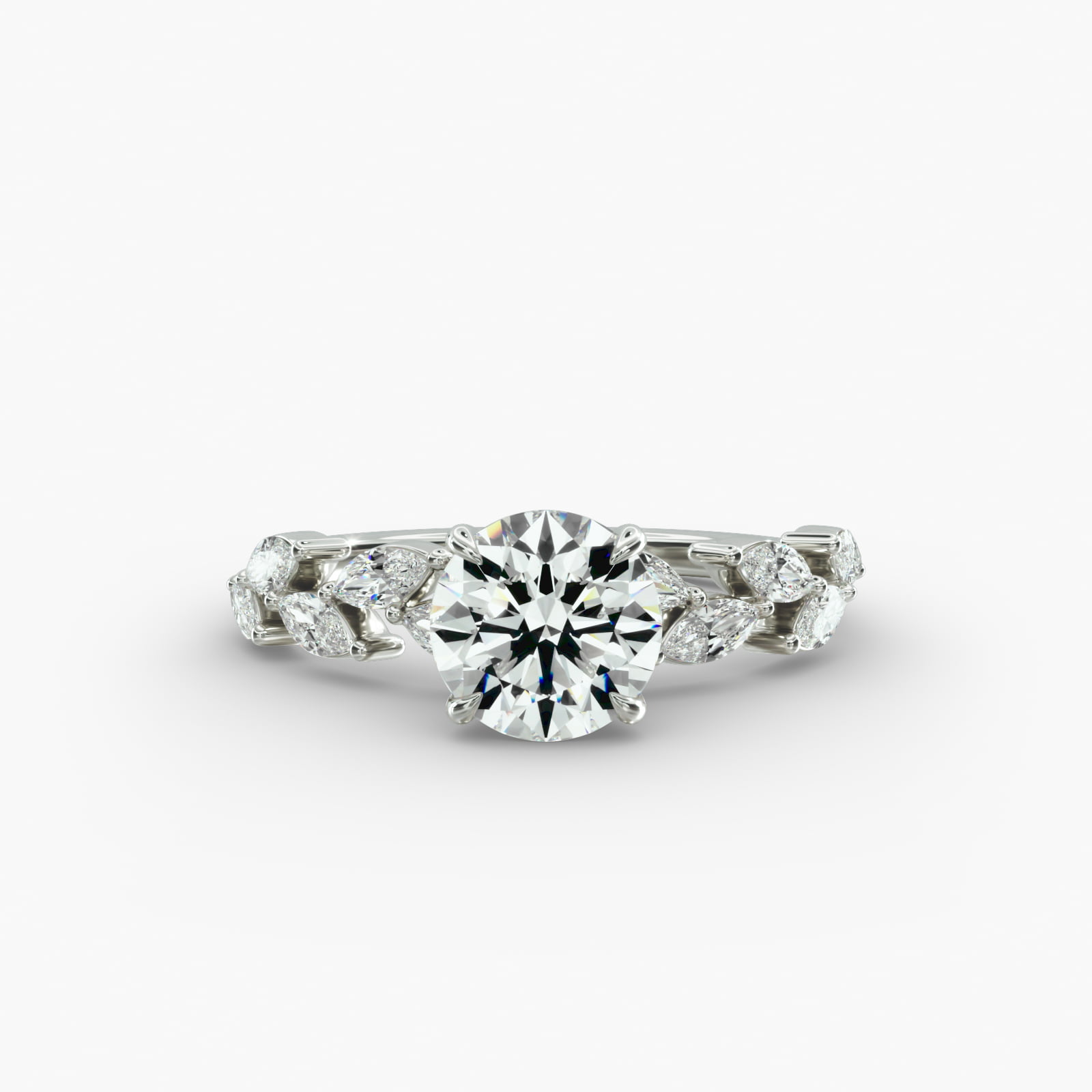 Floral Diamond Vine Side Stone Engagement Ring In 14K White Gold