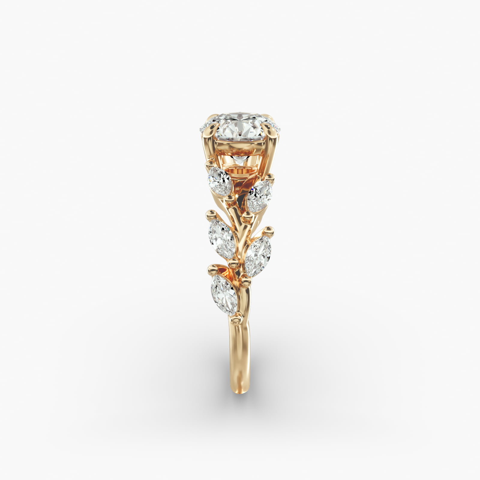 Diamond Wreath Side Stone Engagement Ring In 14K Yellow Gold